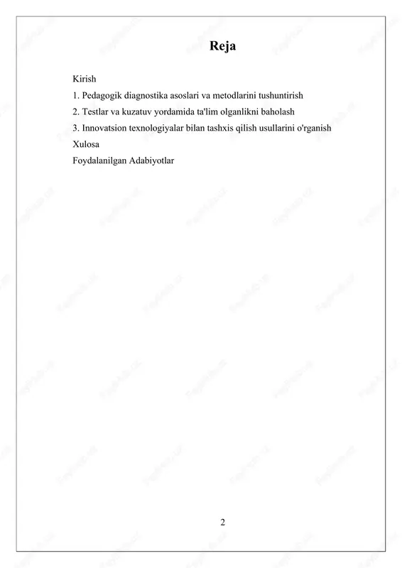 sh uchun yangi metodlar, texnologiyalar ishlab chiqilmoqda va mavjud metodikalarga yangicha yondashuvlar taklif qilinmoqda. ta'lim olganlikni tashxis qilish shaxsning bilim darajasi, qobiliyatlari va rivojlanish imkoniyatlarini aniq va ishonchli tarzda baholashga imkon beradigan muhim vositadir. ushbu tadqiqotning asosiy maqsadi pedagogik diagnostika asoslari va metodlarini o'rganish, testlar va kuzatish yordamida ta'lim olganlikni baholash usullarini aniqlash hamda innovatsion texnologiyalar bilan tashxis qilish usullarini o'rganishdan iboratdir. mazkur ish ta'lim sifatini oshirish, individual yondashuvlarni rivojlantirish va ta'lim jarayonining samaradorligini ta'minlash uchun ilmiy va amaliy ahamiyatga ega. bu sohada olib borilayotgan izlanishlar, ayniqsa, diagnostika metodlarining innovatsion texnologiyalar bilan integratsiyasi va individual yondashuvlarning ahamiyatini oshirishga xizmat qilishi bilan muhim ahamiyat kasb etmoqda. xulosa qilib aytganda, ta'lim olganlikni tashxis qilish shaxsning rivojlanish imkoniyatlarini aniqlash va ta'lim sifatini oshirishda muhim vositadir va uning rivojlanishi uchun olib borilayotgan izlanishlar davom etmoqda. i. pedagogik diagnostika asoslari va metodlarini tushuntirish pedagogik diagnostika asoslari va metodlarini tushuntirish ta'lim jarayonining muhim qismi bo‘lib, shaxsning …