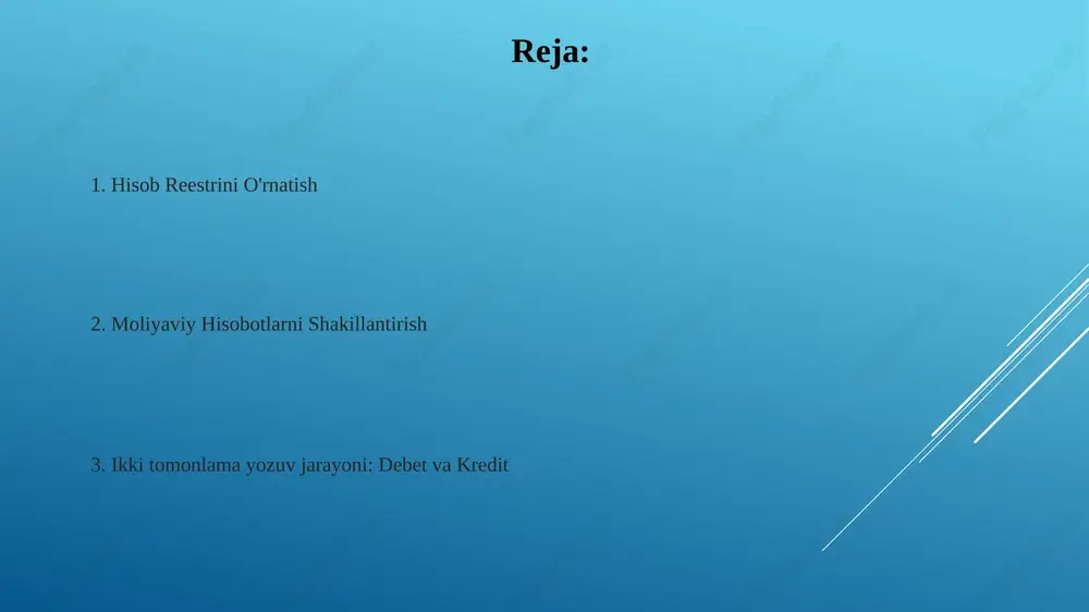 isoblar (hisob 120$ga 200$ naqd pul bilan (hisob) bosh kitobni o'rnatish to'g'ri buxgalteriya hisobi barcha moliyaviy operatsiyalar uchun muntazam yozuvlarni o'z ichiga oladi. operatsiyalar (masalan, invoy) o'zkapital hisoblari aktsiyadorlik hisoblari (masalan, qolgan daromad, oddiy aktsiyalar, xazina aktsiyalari) kompaniyaning aktivlaridagi egalar ulushini aks ettirib, hisselerni qo'shishni (masalan, $100,000 boshlang'ich investitsiya) va to'plangan foyda/zararlarni (masalan, 2024 yil 3-choragida $50,000 sof daromad, 2024 yil 1-choragida $10,000 zarar, aqshda) ko'rsatadi daromad hisoblari daromad hisoblari (masalan, savdo daromadi, xizmat daromadi) kompaniyaning aktivlaridagi (masalan, naqt pul, qarzdorlik) o'sishini qayd etadi; 2024-yil 3-choragida nyu-york shahrida 500 000 dollarlik savdo daromadi olingan. ikki tomonlama buxgalteriya hisobida debetlar xarajat hisoblarini, kreditlar esa daromad hisoblarini oshiradi. moliyaviy hisobotlarni tayyorlash ikki tomonlama buxgalteriya hisobi - asosiy buxgalteriya usuli, har bir moliyaviy operatsiyani kamida ikkita hisobga ta'sir etuvchi teng debet va kreditlar bilan qayd etadi (masalan, london shahrida 10 000 dollarlik sotuv invoysi uchun naqd pulni debetlash, qarzdorlikni kreditlash) naqd pul oqimi …