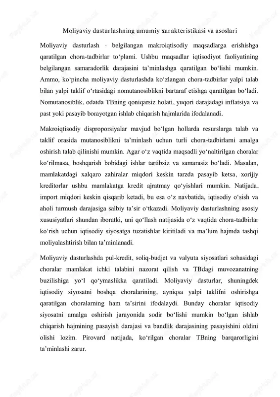 n iqtisodiy siyosatga tuzatishlar kiritiladi va ma’lum hajmda tashqi moliyalashtirish bilan ta’minlanadi. moliyaviy dasturlashda pul-kredit, soliq-budjet va valyuta siyosatlari sohasidagi choralar mamlakat ichki talabini nazorat qilish va tbdagi muvozanatning buzilishiga yo‘l qo‘ymaslikka qaratiladi. moliyaviy dasturlar, shuningdek iqtisodiy siyosatni boshqa choralarining, ayniqsa yalpi taklifni oshirishga qaratilgan choralarning ham ta’sirini ifodalaydi. bunday choralar iqtisodiy siyosatni amalga oshirish jarayonida sodir bo‘lishi mumkin bo‘lgan ishlab chiqarish hajmining pasayish darajasi va bandlik darajasining pasayishini oldini olishi lozim. pirovard natijada, ko‘rilgan choralar tbning barqarorligini ta’minlashi zarur. moliyaviy dastur, albatta kelgusi davrdagi o‘zgarishlarni inobatga olgan holda tuzilishi talab qilinadi. o‘rta muddatli davr tushunchasi qat’i tarzda chegaralab qo‘yilmagan. odatda, o‘rta muddatli dasturlar taxminan besh yilga mo‘ljallanadi. qoidaga ko‘ra, kelgusi yil uchun tuziladigan moliyaviy dasturlar keng qamrovda ishlab chiqiladi, chunki unda keng qamrovli iqtisodiy choralar ishlab chiqilishi talab qilinadi va shuningdek axborot bazasi ham ancha ishonchli bo‘ladi. uzoqroq davr uchun bashoratlar qamrovi torroq chora-tadbirlarni nazarda tutganligi uchun, odatda ularda …