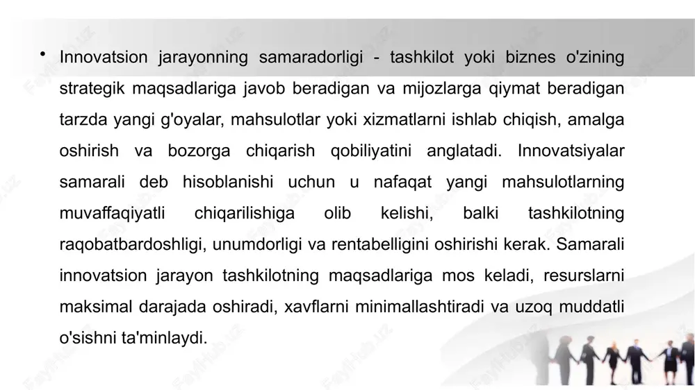 arali bo‘lishi uchun u kengaytiriladigan va barqaror bo‘lishi kerak. bu shuni anglatadiki, mahsulot, xizmat yoki jarayon operatsion muammolarga olib kelmasdan yoki resurslarni sarflamasdan o'sishi va moslashishi kerak. - misol: tesla elektromobili - innovatsiyalar kengaytirilishi mumkin, chunki kompaniya yangi modellarni ishlab chiqishda, ishlab chiqarishni kengaytirishda va batareya texnologiyasini takomillashtirishda davom etmoqda, shu bilan birga barqarorlik maqsadlari sari harakat qilmoqda. - misol: google xodimlarni 20% vaqtini asosiy vazifalaridan tashqari loyihalar ustida ishlashga undaydi, bu esa **gmail** va **google xaritalar** kabi yangiliklarni keltirib chiqardi. kontseptsiyani ishlab chiqish va prototiplash: ushbu bosqichda g'oya aniq kontseptsiya yoki prototipga aylanadi. samaradorlik tashkilotning prototiplarni qanchalik tez va aniq ishlab chiqishi va sinab ko'rishiga bog'liq. eng yaxshi amaliyotlar: jarayonning boshida potentsial foydalanuvchilarning fikr-mulohazalarini o'z ichiga olgan holda, g'oyani tezda takrorlash uchun tezkor prototiplash va tajriba sinovlaridan foydalaning. misol: toyota “kayzen” (doimiy takomillashtirish) yondashuvidan foydalanadi, bu esa kompaniyaga real vaqtda yangi mahsulotlar va jarayonlarni takomillashtirish imkonini beradi. bu prius …