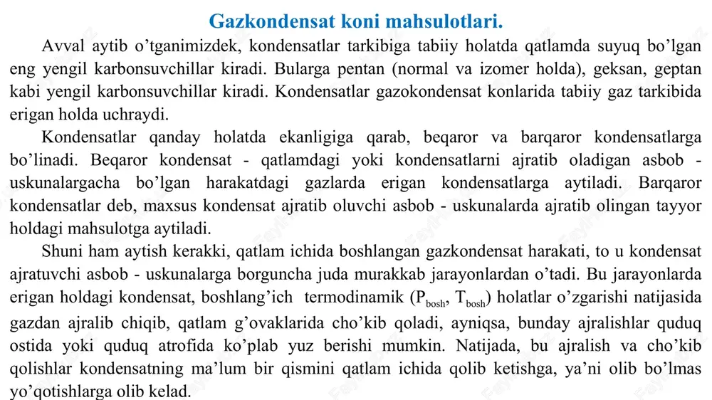 ngan beqaror kondensatdan 60 - 85 % gacha barqaror kondensat olish mumkin. gazkondensat koni ochilgandan so’ng, quduq ostiga namuna oladigan maxsus asbob (namuna olgich pd - zm) tushirilib, qatlamdan chiqayotgan karbonsuvchillar aralashmasidan yoki quduqning og’zidan chiqayotgan aralashmadan namuna olinib, laboratoriyalarda o’rganiladi. bu tadqiqotlar natijasida qatlam ichidagi gazkondensat aralashmasida kondensatning potensial miqdori aniqlanadi. odatda kondensatning potensial miqdori, bir birlik gaz hajmida qancha kondensat borligini bildiradi va g/m3, sm3/sm3 larda o’lchanadi. har qanday suyuqlik kabi kondensatlar ham ma’lum fizik xossalarga egadir. bulardan asosiylari zichlik, qovushqoqlik va molekulyar massa. moddaning zichligi deb, tinch holatdagi bir hajm birlikdagi massasiga aytiladi: kondensatlarning zichligi haqida so’z yuritilganda, odatda ko’proq barqaror kondensat ko’zda tutiladi. chunki beqaror kondensatlardagi zichlik doimo o’zgarib turadi. barqaror kondensatning (c5+10)i) zichligini bevosita areometr orqali o’lchab aniqlash mumkin. shuningdek, kondensat zichligini maxsus hisoblashlar orqali ham aniqlash mumkin. buning uchun kondensatning tarkibi, molekulyar massasi mk yoki yorug’lik sindirish koeffitsienti nd ma’lum bo’lganda kreg tenglamasi orqali …