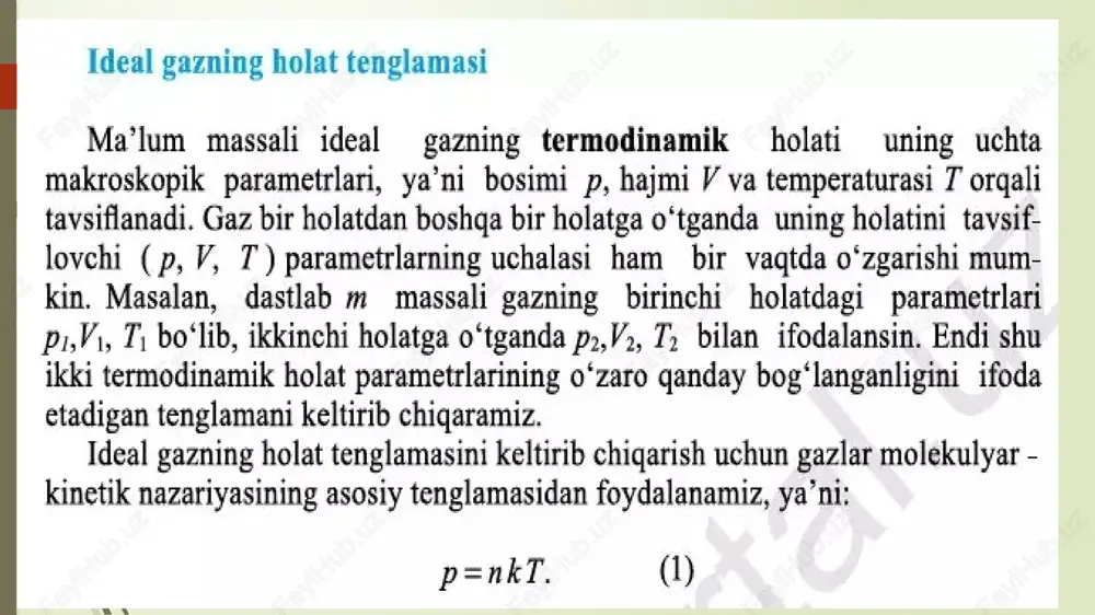 3) tenglikni umumiy maxrajga keltirib, v = const-t ko'rinishda yozamiz. ifodaga ko'ra izobarik jarayonda berilgan massali gaz hajmi uning absolyut temperaturasiga to'g'ri proporsional ekan izoxorik jarayon ideal gazning massasi m (m=const) va hajmi (v=const) o'zgarmas boʻlgandagi gaz holatining o'zgarish jarayoniga izoxorik jarayon deyiladi. yunoncha > -hajm degan ma'noni anglatadi. izoxorik jarayonda berilgan massali gaz bosimi (p) uning temperaturasi ga bog'liq ravishda o'zgaradi. bu jarayonda gazning bosimi bilan temperatura- si orasidagi bog'lanishni gazning holat tenglamasidan foydalanib keltirib chiqa- ramiz. gazning holat tenglamasini hajm o'zgarmas boʻlgan ikki holatda qo'llab pv=mrt bu tenglamalarni hadma-had bo'lib, quyidagi tenglikni hosil qilamiz: tenglamani quyidagi ko'rinishda ham yozish mumkin. t =const. demak, izoxorik jarayonda berilgan massali gaz bosimining absolyut tem- peraturaga nisbati o'zgarmas kattalik ekan. bu qonun 1787-yilda fransuz fizigi jak sharl tomonidan tajribada topilganligi uchun sharl qonuni deb ataladi. tenglikni umumiy maxrajga keltirib, uni quyidagi ko'rinishda yozamiz, ya'ni: p=const-t. dalton qonuni - bir-biri bilan kimyoviy ta'sir …