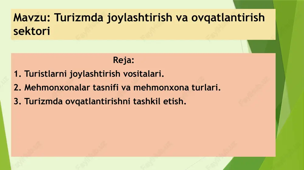 joylashtirish vositalari: - davolash mehmonxonalari; - mehnat va dam olish lagerlari; - joylashtirishning transport vositalari; - mehmonxona; - boshpana, chaylalar; - alpmehmonxona. xususiy joylashtirish vositalari: - xususiy uylar (mehmonxona); - xususiy agentlardan ijaraga olingan joy; - aholi orasidagi qarindoshlarnikiga joylashtirish; - boshqalar. mehmonxonalar tasnifi va mehmonxona turlari. turistik mehmonxona – bu mehmonxonalarning alohida turi bo’lib, turistlarga sayohat bilan bog’liq xizmatlarni taklif etadi. tabiiyki, turist oddiy mehmonxonadan foydalansa bo’ladi, ammo unda turistik mehmonxonalardagi kabi sharoitlar bo’lmaydi. barcha turistik mehmonxonalarda to’rtta asosiy xizmatlar guruhi mavjud: joylashtirish ovqatlantirish hordiq chiqarish maishiy xizmat ko’rsatish mehmonxona turlari hotel – mahalliy sertifikatlashtirish organlari tomonidan belgilanadigan va bukletda va mehmonxonaning kirish plitasida aks ettirilgan mehmonxona toifasi. ba’zi mamlakatlarda mehmonxonalar toifasi yulduzlar bilan emas, balki mahalliy xususiyatlar bilan belgilanadi. mehmonxona toifalarining sub’ektiv reytinglari hisobga olinmaydi motel - shahar tashqarisida, shahar bo‘yida, magistral yo‘l yoqalarida joylashgan oddiy bir yoki ikki qavatli binolar. motel – avtomobilda sayohat qiluvchi turistlar uchun …