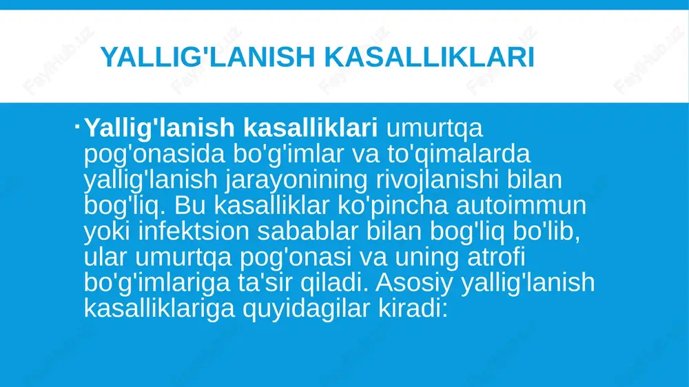 psoriazga oid teri o'zgarishlari bilan birga bo'g'imlarda og'riqlar. suyakda yallig'lanish va deformatsiyalar. radiologik belgilari: rentgenogrammada suyak o'zgarishlari va ankiloz paydo bo'lishi mumkin. degenerativ-distrofik kasalliklar degenerativ-distrofik kasalliklar umurtqa pog'onasidagi bo'g'imlar va disklarning tabiiy yoshga bog'liq o'zgarishi yoki ortiqcha yuklanish tufayli yuzaga keladi. bu kasalliklar suyaklar va bo'g'imlarning normal tuzilishini buzadi, natijada ular deyarli doimiy va qaytarib bo'lmaydigan o'zgarishlarga olib keladi. osteoxondroz osteoxondroz — umurtqa pog'onasidagi intervertebral disklarning degeneratsiyasi va silliqlanishi bilan bog'liq kasallikdir. bu kasallik ko'pincha bel va bo'yin orqa sohalarida og'riqlarni keltirib chiqaradi. belgilari: bo'yin, bel, va orqa sohalarda og'riqlar. harakatlanish cheklanishi, og'riqlar ko'pincha o'zgaradi. radiologik belgilari: rentgenogrammada disklarning silliqlanishi, osteofitlar va bo'shliqlarning torayishi ko'rinadi. mrtda disklarning siqilishi, bo'g'imlarning deformatsiyasi va nervlarning siqilishi (kompressiyasi) ko'rinadi. spondiloz spondiloz — bu umurtqa pog'onasidagi suyaklarning degeneratsiyasi va osteofitlar (suyak chiqindilari) paydo bo'lishi bilan tavsiflanadi. bu kasallik har bir umurtqa bo'g'imi va disklarni zararlaydi. belgilari: bo'yin va bel sohasida og'riqlar. yengil qattiqlik va harakatlanishdagi …