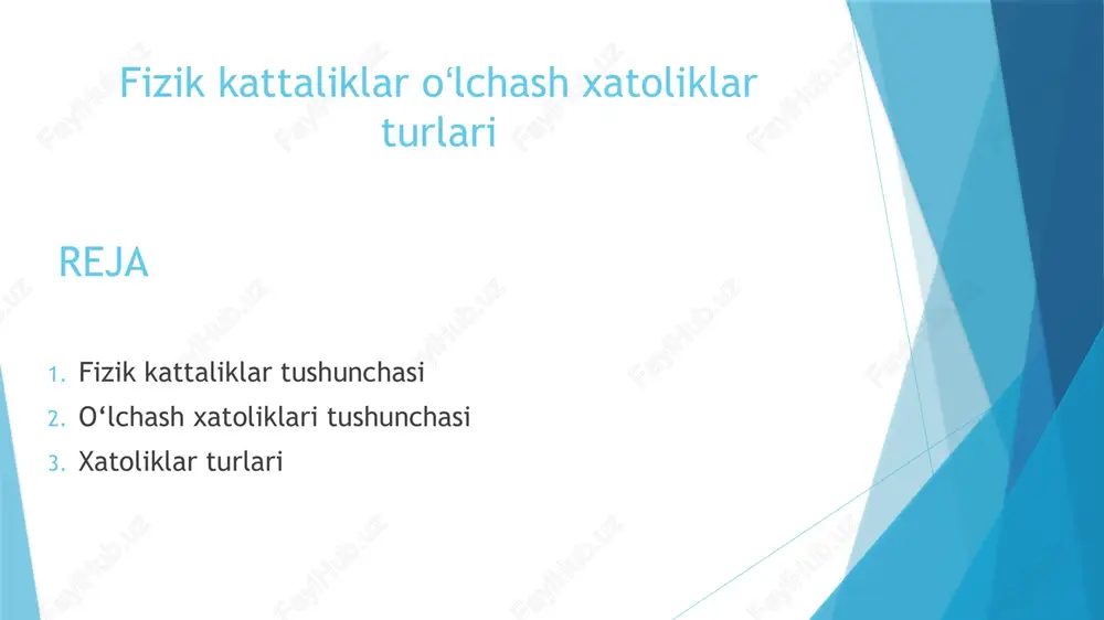 h natijasiga inson omili sabab bo‘ladi. sabablari: o‘lchash paytida e’tiborning yetarli bo‘lmasligi natijani noto‘g‘ri o‘qish o‘lchash asbobini noto‘g‘ri ishlatish bu xatoliklar asosan tajriba davomida e’tibor bilan kamaytiriladi. xulosa o‘lchash xatoliklari ilmiy tadqiqotlarning tabiiy qismi. xatoliklar uch turga bo‘linadi: sistematik, tasodifiy va subyektiv. xatoliklarni aniqlash va kamaytirish o‘lchash natijalarining ishonchliligini oshiradi. foydalanilgan adabiyotlar bardin s.a. «fizicheskie velichini i ix izmerenie», moskva, 2010. perelman ya.i. «osnovi fiziki», moskva, 2012. halliday, resnick, walker. «fundamentals of physics», 10th edition, wiley, 2014. savelev v.a. «laboratornie raboti po fizike», sankt-peterburg, 2016. image1.png image2.jpeg image3.jpeg /docprops/thumbnail.jpeg