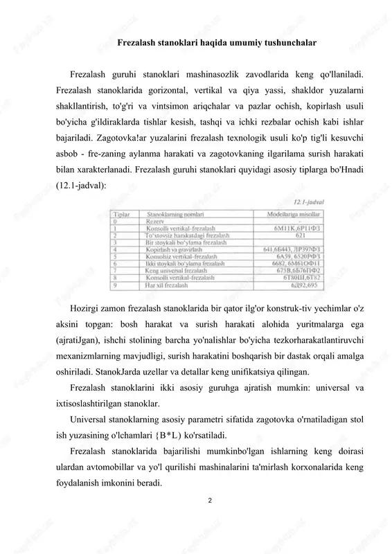 lab yuqori va pastga harakatlanuvchi qism—konsolga o'rnatilgan. konsolli-frezalash stanoklari gorizontal, vertikal, universal va keng universal turlarga bo'hnadi. umumiy foydalaniladigan frezalash stanoklarining asosiy parametri stol ish yuzasining o'lchamlaridir. ular quyida keltirilgan (12.2-jad-val): konsolli-frezalash stanoklari shpindel o'qiningjoylashishi bo'yicha gorizontal va vertikal stanoklarga bo'linadi. shpindelga freza o'rnatilib, u aylanma harakat oladi. stol karetkaga, karetka esa konsolga o'rnatilgan bo'lib, zagotovka stoi bilan birga bo'ylama, ko'ndalang va vertikal yo'nalishlarda harakatlanadi. universal konsolli gorizontal-frezalash stanoklari oddiy gorizontal-frezalash stanoklaridan buriluvchi stoli bilan farqlanadiki, u uch o'zaro perependikular yo'nalishlar bo'yicha harakatlanishidan tashqari o'zining vertikal o'qi atrofida ±45° ga burila oladi. bu stanokda vintsimon ariqchalarni va g'ildiraklarda qiyajoylash-gan tishlarni shakllantirishga imkon beradi. keng universal stanoklar (modeli oxirida sh harfi yoziladi) universal stanoklardan qo'shimcha, vertikal va gorizontal o'qlar atrofida buriluvchan shpindelning mavjudligi bilan farqlanadi. shuningdek ikki shpindel (gorizontal va vertikal) va gorizontal o'q atrofida buriluvchan stolga ega bo'lgan stonoklar ham uchraydi. keng universal stanoklarda shpindel ishlov o'tayotgan zagotovkaga nisbatan istalgan …