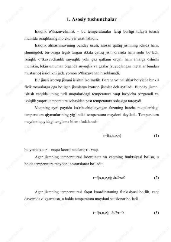 haqidagi tushunchaga doir fazoning ayni nuqtasining o‘zida bir vaqtda ikki xil temperatura bo‘lishi mumkin emasligi uchun, turli izotermik sirtlar xech vaqt bir-biri bilan kesishmaydi. ularning barchasi jism sirtida tugaydi yoki butunlay uning ichida joylashadi. jismning temperaturasi izotermik sirtlarni kesib o‘tadigan yo‘nalishlar-dagina o‘zgaradi (1-rasm). bunda uzunlik birligida temperaturaning eng katta o‘zgarishi izotermik sirtga normal n yo‘nalishida bo‘ladi. temperatura o‘zgarishi t ning izotermadagi normal bo‘yicha masofa n ga nisbati temperatura gradienti deyiladi: (4) temperatura gradienti – izotermik sirtga tushirilgan normal bo‘yicha yo‘nalgan vektordir. uning temperaturaning ortishi tomoniga yo‘nalishi musbat yo‘nalish hisoblanadi. issiqlik almashinuvining boshqa turlari kabi, issiqlik o‘tkazuvchanlik jarayoni ham jismning turli nuqtalarida temperatura bir xil bo‘lmagandagina amalga oshadi, ya’ni grad t0. ixtiyoriy sirtdan vaqt birligi ichida o‘tadigan issiqlik miqdori q issiqlik oqimi deyiladi. issiqlik oqimining vektori doimo temperaturaning pasayish tomoniga yo‘nalgan bo‘ladi. frantsuz olimi fure qattiq jismlardagi issiqlik o‘tkazuvchanlik jarayonlarini o‘rganib, yuza birligi df dan vaqt birligi d ichida o‘tayotgan dq …