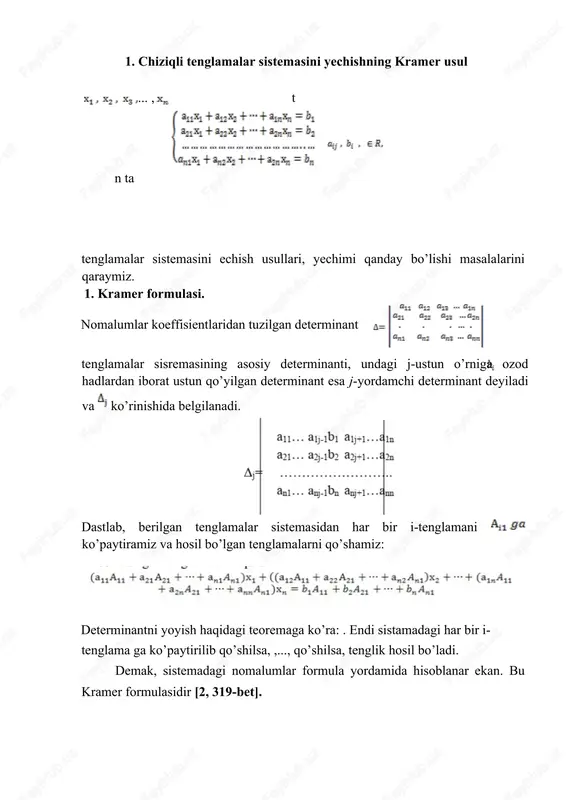 matrisa ustida o’tkaziladigan har bir elementar almashtirish berilgan sistemaga ekvivalent sistema hosil qiladi. shu sababli, elementar almashtirishlar yordamida kengaytirilgan matritsani uchburchak ko’rinishiga keltirib olamiz, buning uchun bo’lishi kifoya agar bo’lsa, birinchi tenglamani boshqa yo’ldagi tenglama bilan almashtirish orqali bunga erishish mumkin. faraz qilaylik, elementar almashtirishlar yordamida kengaytirilgan matritsa ko’rinishga kelsin. unga mos sistema o’rinishida bo’ladi. bu sistemadan dastlab , so’ngra ...... , va nihoyat topiladi. bu usulda 2-tenglamadan , ni 3-tenglamadan , ... , n - tenglamadan ketma - ket yo’qotilayotganligi uchun noma'lumlarni ketma - ket yo’qotish usuli deyiladi. bu usul gauss nomi bilan bog’liq bo’lib, talabalarga elementar matematikadan ma'lum [1, 143-146-betlar]. misol. avvalgi usullarda yechilgan sistemani qaraylik. uning kengaytirilgan matritsasi ko’rinishda bo’ladi. 1- yo’l elementlarini (-1) ga ko’paytirib 2-yo’lga (-2) ga ko’paytirib 3-yo’lga, (-4) ga ko’paytirib 4- yo’lga qo’shamiz, natijada, kengaytirilgan matritsa. 2-tenglamaga bu matritsaga mos sistema. k o’ rinishida b o’ ladi. ketma - ket larni topib qo’yamiz. …