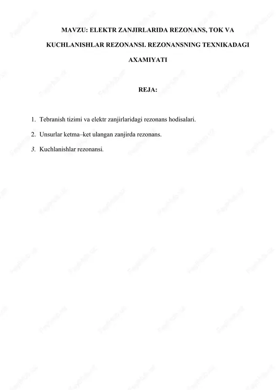 qarshiligi quyidagi ifoda bilan aniqlanadi: z =r + jωl + 1/jωc = r + j(ωl –1/ωc) = r + jk = zejφ (1) 1 –rasm bunda: qaralayotgan konturda, agarda φ=0 bo‘lsa rezonans bo‘ladi. x =ωl –1/ωc =0 (2) ωl =1/ωc va ω2lc =1 (3) oqibatda, rezonansga erishish uchun zanjirga ulangan kuchlanishning yoki chastotaniyoki g‘altakning induktivligini,yoki kondensatorlarning sig‘imini o‘zgartirib erishiladi. rezonans kuzatilganida (paydo bo‘lganida) burchakli chastotaning induktivlik va sig‘imning qiymatlari quyidagi ifodalardan topiladi: ; (4) bunda burchakli chastota ω0 rezonansli chastota deb ataladi. zanjirning ulanish nuqtasidagi u kuchlanish o‘zgarmas bo‘lganida va rezonans holatida zanjirdagi tok o‘zining maksimal qiymatiga erishadi. chunki om qonuniga muvofiq i=u/r, va reaktiv qarshiliklarning qiymatlariga bog‘liq emas. 2–rasmda rezonans holatidagi vektorli diagramma tasvirlangan. xl =xc shartda va reaktiv qarshiliklar qiymati bo‘yicha r aktiv qarshilikdan katta bo‘lgan holatda shunday oniy vaqt paydo bo‘ladiki, bu vaqtda reaktiv g‘altak va kondensatorlarning ulanish nuqtasidagi kuchlanish zanjirningning ulanish nuqtasidagi kuchlanishdan ortib ketadi. 3. …