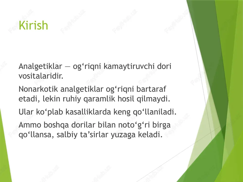 dorilarni shifokor tavsiyasisiz aralashtirmaslik. qo‘llanilayotgan barcha dorilar haqida mutaxassisga xabar berish. dozalash va vaqt oralig‘iga qat’iy rioya qilish. alomatlar yuzaga kelsa, darhol shifokorga murojaat qilish. xulosa nonarkotik analgetiklar foydali, ammo noto‘g‘ri qo‘llanganda xavfli bo‘lishi mumkin. dorilar o‘rtasidagi nomutanosiblikni bilish – farmatsevtlar va shifokorlar uchun muhim. faqat mutaxassis ko‘rsatmasi bilan qo‘llash sog‘liqni asraydi. foydalanilgan adabiyotlar 1. farmakologiya darsligi. – toshkent: tta, 2022. 2. dorilar ta’siri va o‘zaro nomutanosibligi bo‘yicha qo‘llanma, 2023. 3. www.who.int – jahon sog‘liqni saqlash tashkiloti sayti. 4. pubmed tibbiy maqolalari bazasi. image1.jpeg image2.jpeg /docprops/thumbnail.jpeg