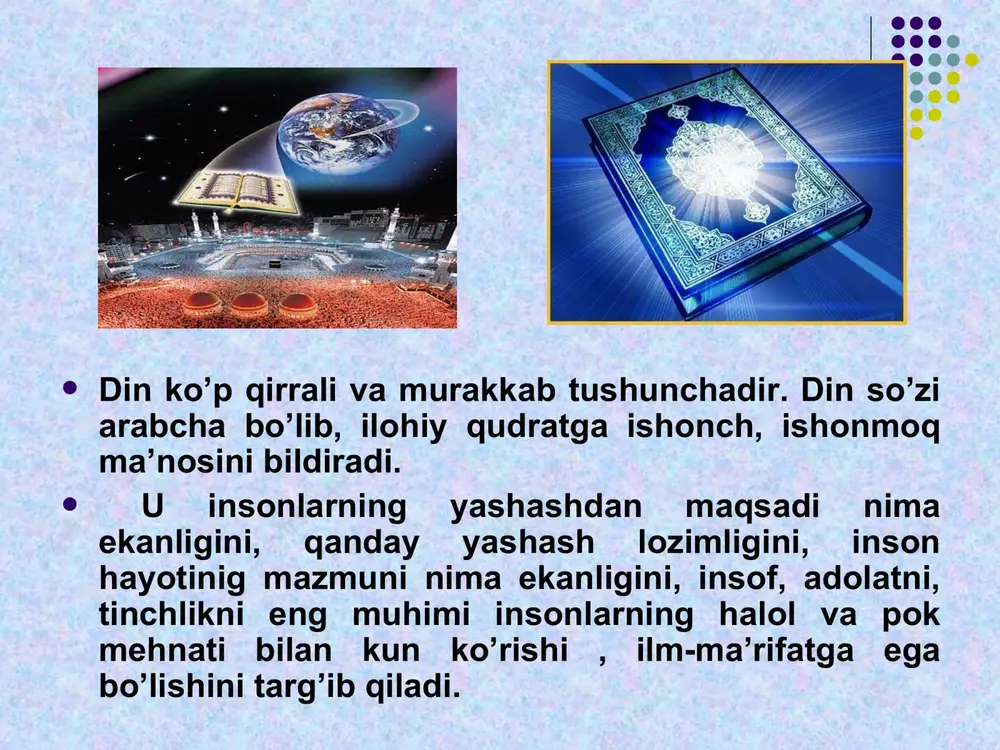 da davlat bilan diniy tashkilotlar o’rtasidagi o’zaro munosabatlarda juda katta o’zgarishlar sodir bo’lmoqda. dinning jamiyatdagi o’rni tiklanmoqda. diniy uyushma va tashkilotlarning faoliyat ko’rsatishlariga imkoniyat yaratilmoqda. qator tarixiy obidalar diniy tashkilotlar ixtiyoriga o’tkazildi, yangi masjidlar ochilmoqda. diniy tashkilotlarning xalqaro aloqalari kun sayin kengaymoqda. 2.o’zb. res.konsutitsiyasi 31-moddasida «hamma uchun vijdon erkinligi kafolatlanadi. har bir inson hohlagan dinga e’tiqod qilishi yoki hech qaysi dinga e’tiqod qilmaslik huquqiga ega. diniy qarashlarni majburan singdirishga yo’l qo’yilmaydi» deyilgan. buning isbotini amalda ko’rmoqdamiz. vijdon erkinligi omillarini tiklash va unga og’ishmay amal qilish davr, kundalik hayot talabi va zaruriyatidir. «vijdon erkinligi va diniy tashkilotlar to’g’risida» gi qonunni 1998-yilda yangi taxlilining qabul qilinishi bunga yana bir misoldir. hozirda res-da 14 turdagi konfessiyada 170 dan ortiq noislomiy diniy tashkilot faoliyat ko’rsatmoqda. 4ta diniy markaz – movaronnahr musulmonlar boshqarmasi; o’rta osiyo ruspravoslav cherkovi bosh-si; u.o.injil nasroniylar-baptislar markazi: u.o.yetti kun adventistlar cherkovi konfessiyalari bor. islom aqidalarining asosiy ibrat kitobi ahloqiy-huquqiy tamoyillari birinchi …