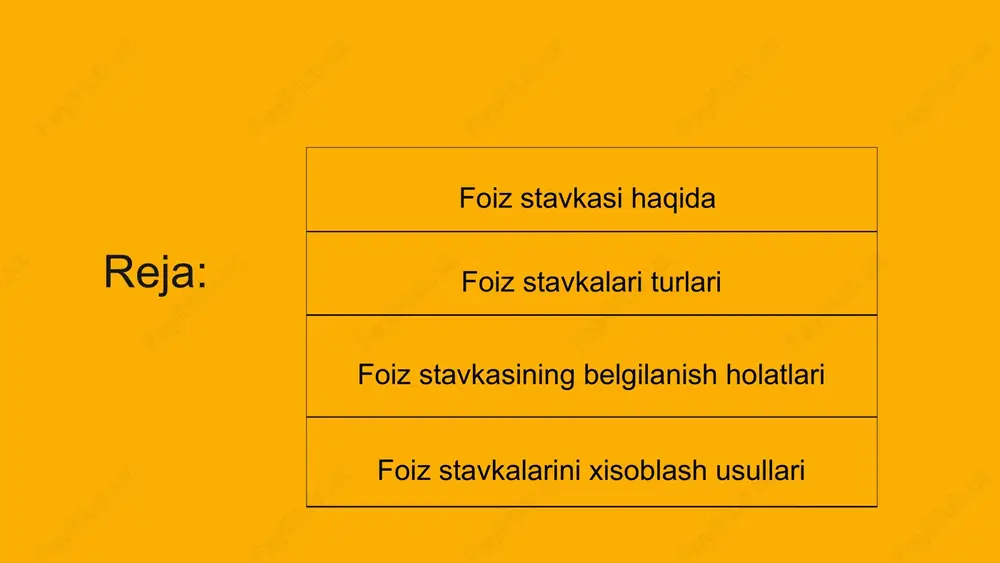 schyotidagi mablag’larning o’rtacha qoldig’i; i – kredit uchun foiz stavkasi; d– davrdagi kunlar soni. tijorat banklari mijozga istemol kreditini berayotganda, u bilan kelishgan holda, kreditg’a foiz stavkasini quyidagi usullarda belgilashi mumkin: yillik foiz stavkalari; oddiy foiz stavkalari; diskont foiz stavkalari; murakkab foiz stavkalar; qo’shish usuli. e’tiboringiz uchun rahmat image1.png image2.png image3.png image4.png image5.png image6.png image7.png image8.png image9.png