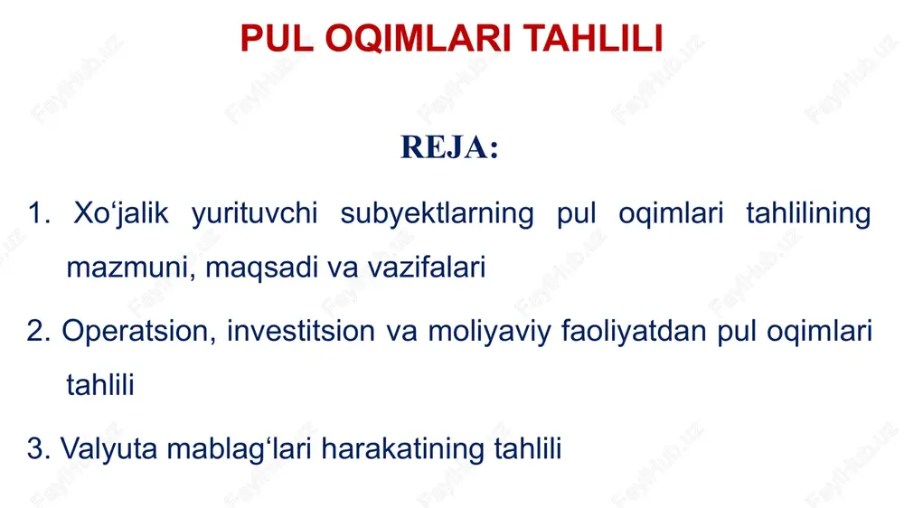 i hisobga oluvchi tegishli schyot ma’lumotlari. pul oqimlari tahlilining asosiy maqsadi xo‘jalik yurituvchi subyekt pul mablag‘lari harakatiga to‘g‘ri, aniq va xolisona baho berish orqali uning sof pul oqimlarida ijobiy saldoni ko‘paytirish imkoniyatlarini aniqlash asosida moliyaviy holatini yaxshilash xo‘jalik subyektining pul mablag‘larining harakatiga to‘g‘ri, aniq va xolisona baho berish operatsion faoliyatdagi pul mablag‘larining harakatiga baho berish xo‘jalik yurituvchi subyektning investitsiya, moliyaviy va soliqqa tortish faoliyatlari bo‘yicha pul mablag‘larining sof kirimini va chiqimini aniqlash hamda baho berish asosiy faoliyat foydasi (zarari) va uning o‘zgarishini omilli tahlil qilish pul mablag‘lari kirimi bo‘yicha manbalarini, chiqimi bo‘yicha harakatlarining tarkibini chuqur o‘rganish xo‘jalik yurituvchi subyektning valyuta mablag‘lari harakatini o‘rganish va unga ta’sir etuvchi omillarga baho berish xo‘jalik subyektini sof pul oqimlarida ijobiy saldoni ko‘paytirish imkoniyatlarini aniqlash pul oqimlari tahlilining asosiy vazifalari 2. operatsion, investitsion va moliyaviy faoliyatdan pul oqimlari tahlili xo‘jalik yurituvchi subyektlarda pul oqimini tahlil qilib o‘rganishda asosiy axborot manbai bo‘lib, “pul oqimi to‘g‘risidagi hisobot” …