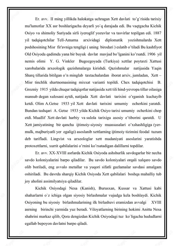 alillarni topdilar. er. avv. xx-xviii asrlarda kichik osiyoda ashshurlik savdogarlar bir necha savdo koloniyalarini barpo qiladilar. bu savdo koloniyalari orqali xalqaro savdo olib boriladi, eng avvalo metallar va yuqori sifatli gazlamalar savdasi amalgam oshiriladi. bu davrda sharqiy kichik osiyoda xett qabilalari boshqa mahalliy tub joy aholini assimilyatsiya qiladilar. kichik osiyodagi nesa (kanish), burusxan, kussar va xattusi kabi shaharlarni o`z ichiga olgan siyosiy birlashmalar vujudga kela boshlaydi. kichik osiyoning bu siyosiy birlashmalarining ilk birlashuvi eramizdan avvalgi xviii asrning birinchi yarmida yuz beradi. viloyatlarning birining hokimi anitta nesa shahrini markaz qilib, qora dengizdan kichik osiyodagi tuz ko`ligacha hududlarni egallab bepoyon davlatni barpo qiladi. qadimgi xett davlatida urug`-jamoa qoldiqlari hali kuchli bo’lgan. xett podsholari o’z hokimiyatlarini xalq kengashlariga tayanib amalga oshirganlar. qurol ko`tarishga qobiliyatli bo’lgan barcha erkaklar podsho chiqaradigan «pankus» deb ataladigan yig`ilishga muntazam ishtirok etganlar. zodagonlar davlat boshqaruvda faol qatnashib, o`zlarini kuchli tayanchi bo`lgan zodagonlar kengashi (tuliya) orqali xalq yig`iniga boshchilik qilganlar. …
