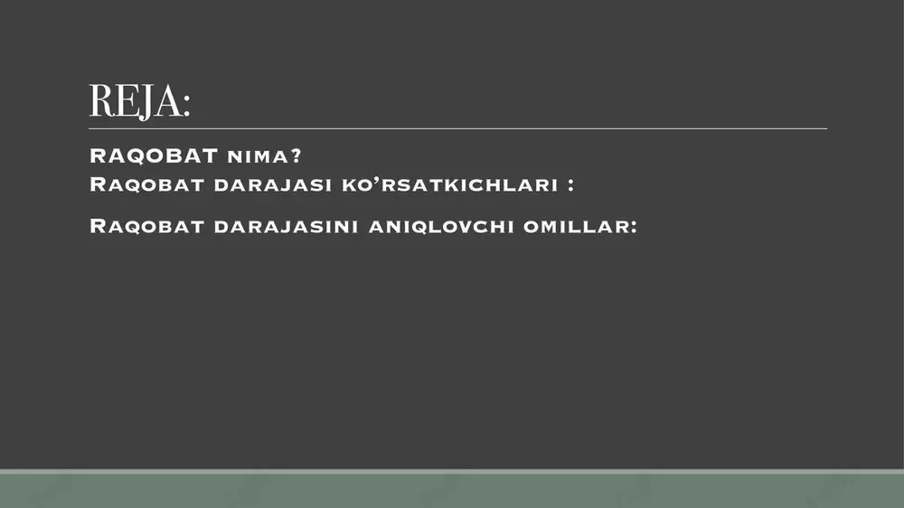 ashtirilgan. mazkur davrda bank tizimiga tenge bank, tbc bank, “anorbank”, uzum (apelsin) bank va poytaxt bank kirib keldi. ushbu banklarning jami aktivlardagi ulushi 1,8 foizga yetdi. raqobat darajasini aniqlovchi omillar: raqobat darajasini aniqlovchi omilar asosan davlatning qanday siyosat olibborayotgani yoki mamlakat iqtisodiyotining darajasiga ham bog’liq. image2.png image3.png image4.png image5.png image6.png image7.jpg