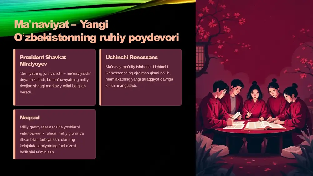 i va ularning merosini saqlashga xizmat qiladi. yoshlar tarbiyasi: jadidlar faoliyati yoshlarni vatanparvarlik ruhida, ilm-maʼrifatga intilishda namuna boʻlib xizmat qiladi. 5 madaniy diplomatiya va xalqaro eʼtirof oʻzbekistonning boy madaniy merosi xalqaro miqyosda eʼtirof etilmoqda. madaniyat kunlari 24 ta xorijiy mamlakatda “oʻzbekiston madaniyati kunlari” yuqori saviyada oʻtkazildi, bu madaniy aloqalarni mustahkamlashga yordam beradi. yunesko roʻyxati yunesko roʻyxatiga 9 ta yangi milliy meros namunasi kiritildi, bu oʻzbek madaniyatining noyobligini tasdiqlaydi. abu rayhon beruniy buyuk alloma abu rayhon beruniyning 1050-yilligi yuneskoda keng nishonlandi, uning jahon ilm-faniga qoʻshgan hissasi eʼtirof etildi. 6 maʼnaviy-maʼrifiy muassasalar va tadbirlar madaniy infratuzilmaning rivojlanishi mamlakat boʻylab 11 ta yangi muzey, 2 ta teatr, 28 ta bolalar musiqa va sanʼat maktabi tashkil etildi, bu yosh avlodning madaniy saviyasini oshirishga xizmat qiladi. xalqaro festivallar “maqom”, “baxshichilik”, “lazgi” kabi xalqaro festivallar anʼanaga aylandi va oʻzbek milliy sanʼatini dunyoga tanitadi. zomin seminari zomin seminari yosh isteʼdodlarni qoʻllab-quvvatlash va ularning ijodiy salohiyatini rivojlantirish maqsadida …