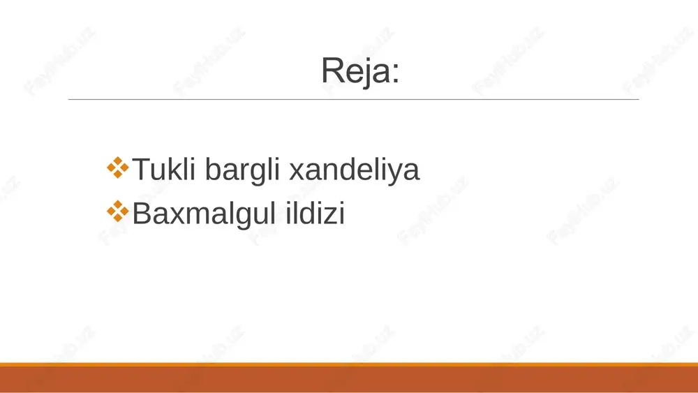 ychasimon), yarim shar ko'rinishida. naychasimon o'rama bargi uch qator. mahsulot hidi o'ziga xos, mazasi — xushbo'y, achchiq. tukli bargli xandeliya this presentation uses a free template provided by fppt.com www.free-power-point-templates.com 6 kimyoviy tarkibi. mahsulot tarkibida 0,4 foiz efir moyi, flavonoidlar (kversetin, izokversitrin, rutin va boshqalar), seskviter-pen laktonlar (xanfillin va artekalin), kumarinlar (umbellferon, gerniarin), karotinoidlar, vitamin c, shilliq, oshlovchi va boshqa moddalar bor. mahsulot efir moyi tarkibida 10,57 foizgacha xamazulen, 14,18 foizgacha kamfora, borneol, mirtsen, a- va p-pinenlar, limonen, a- va p-terpinolenlar, kariofillen, a-tuyen, fellandren, linalool, tuyil spirti va boshqa terpenlar bo'ladi. ishlatilishi. mahsulot mikroblarga, ichaklar spazmi, allergiya va yallig'lanishga qarshi hamda tinchlantiruvchi ta'sirga ega. shuning uchun uni dorivor preparatlari me'da-ichak va og'iz bo'shlig'i kasalliklarini davolashda antiseptik va spazmolitik hamda yallig'lanishga qarshi dori sifatida ishlatishga o'zbekiston respublikasi sog'liqni saqlash vazirligi ruxsat berdi. dorivor preparatlari. mahsulot damlamasi. tukli bargli xandeliya this presentation uses a free template provided by fppt.com www.free-power-point-templates.com baxmalgul ildizi …