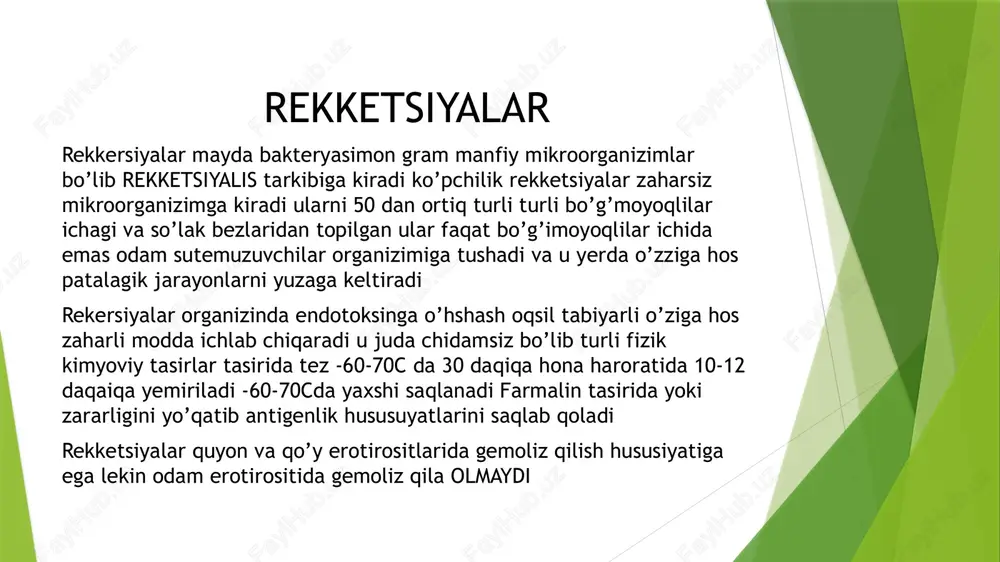 psimon shakillari mavjud ularning o’lchami 02-40 mkm keladigan elektro’mn mikrosko’pga ko’rilganda rekketsiyalar hujayara devori va sitoplazmatik menbrana borligi aniqlangan spora hosil qilmaydi o’sishi; rekketsiyalar asosan fizialagik tasnifi ularni hujayrasiz muhitlarda va o’lgan to’qimalarda ko’paya olmasligidadir ular zararlangan hujayralarning yadrosida emas sitoplazmasida ko’payadi labaratotiya sharoitida ular zararlangan bitlar medasida zararlangan kemuruvchilar ayniqsa oq sichqon o’pkasida tovuq embtioning sariqlik haltasida yaxshi ko’payadi nafas olishiga ko’ra ular aerob. gulitamin kislatani oson oksidlaydi to’ksin hosil qilishi; rekketsiyalar tanasi bilan bog’liq bo’gan mahsus zaharli moddalar ajrab chiqadi ular organizimga haqiqiy zaharlar (ekzoto’kislarga o’hshash netrolovchi antitellolar hosil qiladi rekersiyalar toksinlari tashqi muhut omillari tasiriga juda sezgir bo’lib 60c da faolligi yo’qoladi reketsiyalar zaharki hususiyatlardan tashqari o’zida tipik mikroorganizim bilan bog’liq bo’lgan va emlashdan so’ng organizimda netrollovchi antitellolar hosil qiladi gemolagik faollikka ega modda saqlaydi hayvonlar uchun patakenezi reketsiyalar labaratoriya hayvonlarifdan maymun dengiz cho’chqalari oq sichqonlar moil oq sichqonlar zararlanganda zotiljam rivojlanadi dengiz cho’chqalarida qorin bo’shlig’iga yuborilganda …