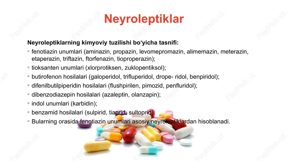 toanalgeziya uchun ishlatiladi. qusishga qarshi ta’siri bu guruh ayrim vakillarining (etaperazin) ta’siri natijasida bosh miyaning iv qorinchasida joylashgan qusish markazini ishga tushiruvchi tuzilmalar „trigger zonasi“ning faoliyatini susaytiradi. boshqacha aytganda, neyroleptiklaming qusishga qarshi ta’siri ulaming qusish markazini tormozlab qo‘yishiga bog‘liq. bu preparatlar turli sabablarga ko‘ra to‘xtovsiz qusish hollarida yaxshi kor qiladi (homiladorlik, miya o‘smalari, nur kasalligi, zaharlanish). gipotermik ta’siri neyroleptiklar tarkibiga kiradigan ayrim preparatlar issiqlikni idora etuvchi markaz qo‘zg‘aluvchanligini susaytirishi natijasida, tanadan ko‘p issiqlik chiqishi va issiqlik ishlab chiqarishning kamayishi hisobiga tana haroratini pasaytiradi. bunday gipotermiya tashqi muhit harorati pastroq bo‘lganda aniqroq namoyon bo‘ladi. allergiyaga qarshi ta’siri bunday ta’sir ko‘proq aminazinga xosdir. aminazin gistaminoretseptorlarni to‘sib qo‘yishi sababli ko‘pchilik allergik holatlarni bartaraf etadi, shu bilan bir qatorda bu o‘zgarishlarning oldini oladi. aminazin allergiyaga qarshi dori sifatida deyarli ishlatilmaydi, chunki uning asosida sintez qilingan, ancha kuchli ta’sir ko‘rsatadigan va samarali yangi dori preparatlari ma’lum (diprazin). miorelaksatsiyalovchi ta’siri ayrim neyroleptiklar tana mushaklari tonusini pasaytirib, …
