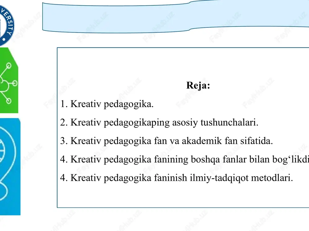 xususiyat kasb etishi (o‘quv axborotining grafik (sxema, jadval, diagramma, tasvir, giperbolik va b.) ko‘rinishda bo‘lishi)ga erishish, ma’ruza va amaliy mashg‘ulotlar, shuningdek, reyting nazorati uchun keyslar va darajali testlar to‘plamini shakllantirish borasidagi ko‘nikmalarining malakaga aylanishini ta’minlashdan iborat. tadqiqodchi olimlarning ilmiy izlanishlari n.a.muslimov, sh.s.sharipov, o.a.qo‘ysinov, m.h.usmonboyeva, d.m.sayfurov, a.b.to‘rayev, n.n.karimova, yo.r.najmiddinova, j.r.turmatov, r.x.fayzullayev, k.t.umataliyeva, n.n.alimov, o.jamoliddinova, o.musurmonova, m.urazova, n.egamberdiyeva, e.yuzlikayeva, sh.shodmonova, g.n.ibragimova respublikamiz olimlari ta’limda “kreativlik”, “kompetentlik” va “kompetentsiya” kabi tushunchalarning mazmun va mohiyatini o‘rganish hamda tadqiq qilish, shakllantirish, rivojlantirish va tashxislash, kreativ tafakkurni shakllantirish yo‘llari va shakllari, mavjud pedagogik shart-sharoitlari, didaktik ta’minoti, masalalariga oid izlanishlar mdh olimlari xorijiy olimlar bo‘lajak o‘qituvchilarda ijodiy xususiyatlarni rivojlantirish, ular o‘rtasida shaxsiy ijodiy salohiyatning tarkibiy qismlarini tarkib toptirish qonuniyatlari va omillari talabalarda ijodiy faollikni tarkib toptirish yo‘llari, shaxsiy o‘ziga xoslikni shakllantirish, muvofiqlik madaniyatida ijodkorlikni rivojlantirish masalalari v.i.andreyeva, a.a.bodaleva, v.i.zagvyaniskiy, t.v.kudryavtseva, yu.n.kulyutkina, a.m.matyushkina, m.m.potashkin, s.l.rubinshteyna, a.i.sherbakov, v.i.baydenko, a.a.verbitskiy, n.a.grishina, e.f.zeyer, i.a.zimnyaya, o.n.yarigin, n.v.kuzmina, a.i.kuleshova, a.k.markova, n.v.skachkova, a.v.xutorskiy j.guilford, …