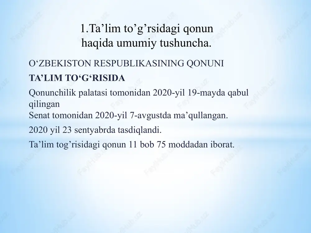 iladigan ijtimoiy buyurtma; 3) ta’limninq maqsad va vazifalari; 4) innovatsion rivojlanish darajasi; 5) axborotlarning hajmi va ko‘lami; 6) o'quvchilarning yosh xususiyatlari. ta’lim qonunlari va tamoyillari ta`lim prinsiplari haqida tushuncha. ta`lim prinsiplari o`quv tarbiya jarayoniga qo`yiladigan ijtimoiy talablar, ta`limni tashkil etish, boshqarish, nazorat qilishda rioya qilinadigan qoidalar sifatida amal qiladi. ta`lim prinsiplari haqidagi tasavvurlar ikki xil yo`l bilan izohlanadi: a) tasvir shaklida.masalan, ilmiylik prinsipi fan va o`quv predmeti o`rtasidagi aloqadorlikka asoslanadi. bu erda ilmiylik prinsipi tasvir orqali bayon qilingan: b) qoida shaklida. bu tushunarlilik prinsipi qoidaga solingan, ya`ni normallashtirilgan. ta`lim prinsiplari qoida shaklini olavergan sari, ulardan amaliyotda foydalanish imkoniyatlari ham kengayaveradi. ta’lim qonunlari va tamoyillari ta’lim -bolaning bilish qobiliyatlarining muntazam rejali ravishda rivojlantirib borish, malaka va ko‘nikmalarni shakllantirishdan iborat. ta’lim tizimi deb, amaliy ko‘nikma va mehnat malakalarini to‘g‘ri tarkib topishini, kasbiy faoliyatga tayyorlashni ta’minlaydigan o‘quv materialining maqsadga muvofiq tuzilmasiga, uni tashkil etish va izchilligiga aytiladi. ta`lim prinsiplari tavsifi. o`quvchilar sinf osha …