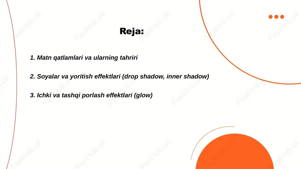 chun yengil blur va oddiy blending yetarli. ... t.me/slaydai_bot ichki porlash matn konturiga ichkaridan nurlanish qo‘shadi, tekst ichidagi soyalarni yumshatadi; tashqi porlash tekst atrofida halqalar hosil qiladi va fon bilan aralashadi. asosiy parametrlar: rang, o‘lcham, shaffoflik 0–100%, tarqalish, blend mode va noise. amalda kichik o‘lcham va past opacity subtil effekt beradi, katta o‘lcham va yuqori opacity neon effekt yaratadi. ishlash tezligi qatlamlar va rasterizatsiyaga bog‘liq, vektorda esa rasterlashtirish talab qilinishi mumkin. ... t.me/slaydai_bot gradient va tekstura bilan toʻldirish: gradientlar ranglarni silliq oʻtkazadi; turlari: chiziqli, radial, burchakli va koʻpbosqichli gradientlar. parametrlar: rang nuqtalari, yoʻnalish, kenglik, shafoflik va aralashish rejimi. tekstura: matn yuzasiga naqsh yoki tasvir qoʻllash, takrorlash va o‘lcham sozlamalari. matn bilan ishlashda: gradient ustki qatlam, tekstura masklash, kesish maskasi va qatlam uslublari orqali toʻldirish; raster va vektor obyektlarda farqlar: pikselli boʻyash va skalalanadigan toʻldirish. ishlatish: vizual chuqurlik, kontrast va uslub yaratish. ... t.me/slaydai_bot matnni 3d qilish uchun grafik muharrirlarda ekstrüziya, …