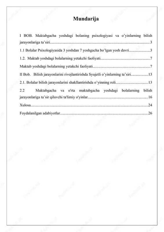erish gʻoyasini asoslab berdi va proletar bolalari uchun maktabgacha yoshdagi bolalar muassasasini ochdi. xuddi shu vaqtdan boshlab maktabgacha yoshdagi bolalar pedagogikasib.p. fanning maxsus tarmogʻi sifatida shakllandi va rivojlana boshladi. 20-asr boshlarida erkin tarbiya jarayonida bola shaxsiyatini rivojlantirish gʻoyasi keng tarqaldi. maktabgacha yoshdagi bolalar pedagogikasib.p.ning asosiy vazifasi — maktabgacha yoshdagi bolalarni tarbiyalashning mazmun, shakl va metodlarini ishlab chiqishdan iborat. maktabgacha yoshdagi bolalar pedagogikasib. p.ning metodologik asosini dialektik bilish nazariyasi hamda shaxsning evolyusion tarzda taraqqiy etish qonuniyatlari, oʻzrning 1997 yilgi «taʼlim toʻgrisida»gi qonuni va «kadrlar tayyorlash milliy lasturi», oʻzbek xalqining maʼnaviy-axloqiy merosi hamda bola tarbiismga oid tarixiy tajribasi, il-gor mamlakatlardagi pedagogik qarashlar, ped., psixologiya, falsafa, etika, estetika, tilshunoslik, tibbi-yot, odam fiziologiyasi va gigiyenasi, antropologiya kabi fanlarning ilmiy asoslari, xulosalari hamda qonuniyatlari tashkil qiladi. i bob. maktabgacha yoshdagi bolaning psixologiyasi va o’yinlarning bilish jarayonlariga ta’siri 1.1 bolalar psixologiyasida 3 yoshdan 7 yoshgacha bo’lgan yosh davri bolalar psixologiyasida 3 yoshdan 7 yoshgacha bo’lgan davr …
