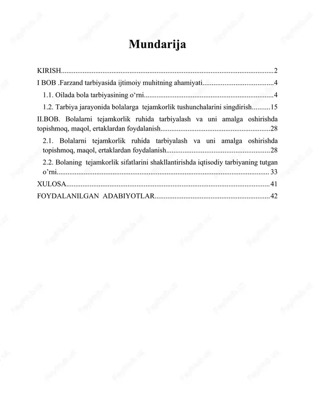 ning namunaviy ustavi hamda ota-onalar bilan tuziladigan namunaviy shartnoma, maktabgacha ta'lim muassasasining pedagogik kengashi, maktabgacha ta'lim muassasalari pedagog xodimlarning uslubiy birlashmalari to`g`risidagi nizomlar shular jumlasidandir. ushbu qabul qilingan hujjatlar maktabgacha ta'lim tizimining tashkiliy masalalarigina hal etib qolmasdan, balki uni mazmun jixatdan takomillashtirishga zamin yaratadi. kurs ishining maqsadi.maktabgacha tarbiya muassasasi tarbiyalanuvchilarini tejamkorlik ruhida tarbiyalash tizimini yaratishning pedagogik shart-sharoitlarini o‟rganishdan iborat. kurs ishining metodologik asosi. o`zbekiston respublikasining “ta'lim 4 to`g`risida”gi qonuni, “kadrlar tayyorlash milliy dasturi”, o`zbekiston respublikasi prezidentining nutq va ma'ruzalarida maktabgacha ta'limni rivojlantirish va yanada takomillashtirishga doir fikrlari hamda yondashuvlari, o`zbekiston respublikasi hukumati, xalq ta'limi vazirligining maktabgacha ta'limni sifat va samaradorligini ta'minlashga qaratilgan me'yoriy hujjatlari, 2012 yil 17 fevralda o`tkazilgan “yuksak bilimli va intellektual rivojlangan avlodni tarbiyalash – mamlakatni barqaror taraqqiy ettirish va modernizatsiya qilishning eng muhim sharti” mavzusidagi halqaro konferentsiya materiallari, mavzuga oid ilmiy-pedagogik, psixologik, metodik manbalar. bozor iqtisodiyotining maqsadi jamiyatning barcha a‟zolarini, jumladan, ota-onalarni, ularning farzandlarini amaliy hisob-kitobga va …