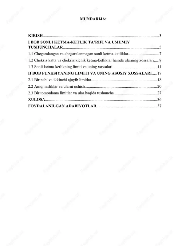 tahlil kursidagi eng muhimlaridan biridir. bu erda butun kurs uchun poydevor qo'yilgan. funksiya, limit, uzluksizlik kabi tushunchalarni chuqur o‘zlashtirmasdan, chegaralar va uzluksiz funksiyalar haqidagi asosiy teoremalarni bilmasdan, chegaralarni hisoblash qobiliyatisiz materialni keyingi o‘rganish mumkin emas. kurs ishining tanlangan mavzusi: “tartiblik chegarasi. stolz teoremasi va uning qo'llanilishi juda muhim va dolzarbdir, chunki darsliklarda har doim ham chegara, uzluksizlik, chegaralar va uzluksiz funktsiyalarning xususiyatlarini isbotlash tushunchalariga aniq ta'riflar berilmaydi va bu ishda barcha materiallar tizimlashtirilgan va aniq taqdim etilgan. kurs ishining ob'ekti. matematik analiz kursida sonli ketma-ketlikning chegarasini o'rganish jarayoni. kurs ishining mavzusi. ketma-ketlik chegarasi nazariyasini o'rganish va ketma-ketlikning yaqinlashuvini isbotlash masalalarini yechishda qo'llash. kurs ishining maqsadi. ketma-ketlik chegarasining analitik mohiyatini o'rganish, ketma-ketlik chegarasi. kurs ishining vazifalar: a) ilmiy, o'quv va uslubiy adabiyotlarni o'rganish va tahlil qilish; b) ushbu mavzu bo'yicha materialni tizimlashtirish, c) ketma-ketlik chegarasining iqtisod, geometriya va fizikada amaliy qo'llanilishining xilma-xilligini ko'rsatish.[footnoteref:0] [0: t. azlarov, x. mansurov “matematik analiz”, t.: …
