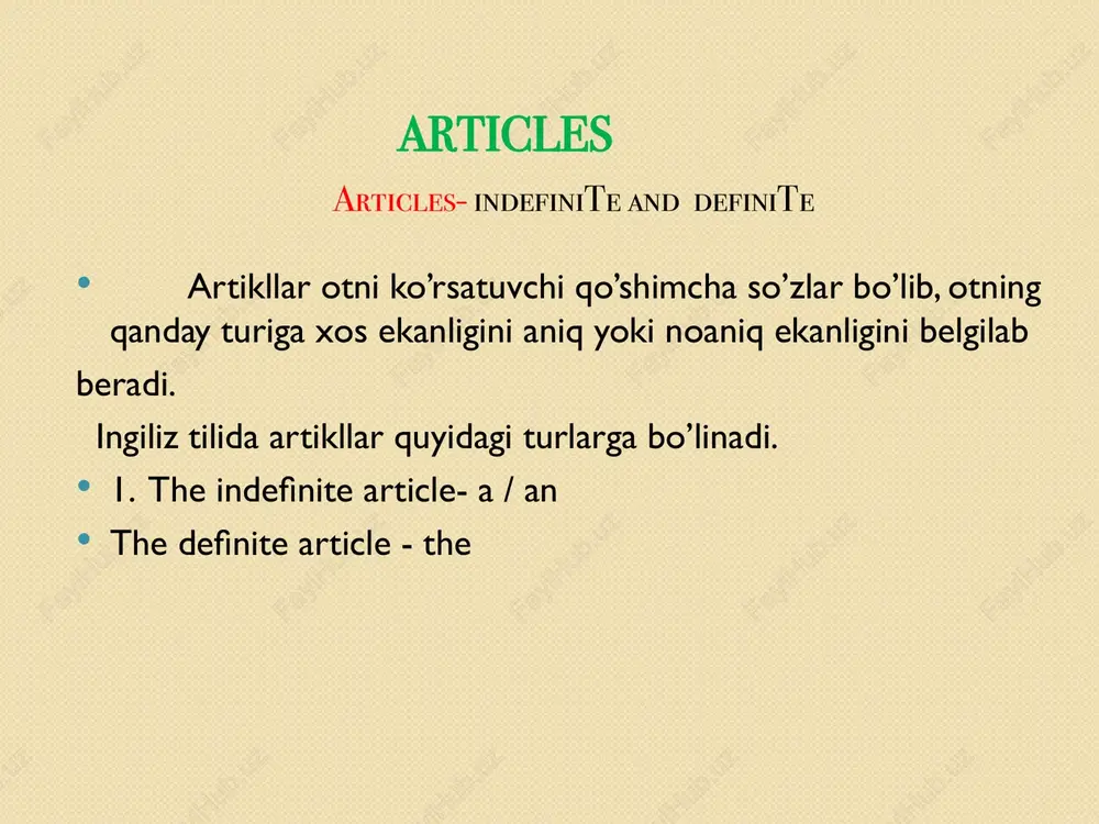 or berilsa va sifat o’zgarsa u holda noaniq artikl a/an ishlatiladi. he is an intellgent. people think him to be a clever man and a wise man. agar sifatdan ot tuzilmasi of predlogi bilan berilib otni tasvirlamasaya’ni xarakterini ko’rsatsa yoki otning aniq o’lchamini nazarda tutsa noaniq artikl a/an ishlatiladi. yesterday, i got a letter of great importance i see a man. it is a young man. the is a man of about 30. quyidagi sifatlar o’zidan so’ng ot olib aniq artikl the ishlatiladi. the pcoper focmer left lather following right adjacent ba’zi sifatlar izoh -next -last zamon signali vazifasi kelsa artikl ishlatilmaydi. i shall do tests on engilish next week. i did that test last lesson. agar next va last so’zlari o’zlashtirma gapda berilsa yoki ushbu so’zlar navbat o’rin joyni bildirib next keyingi, navbatdagi, last oxirgi, tarjimasiga berilsa the aniq artikl bilan beriladi. he told me to come. the next …