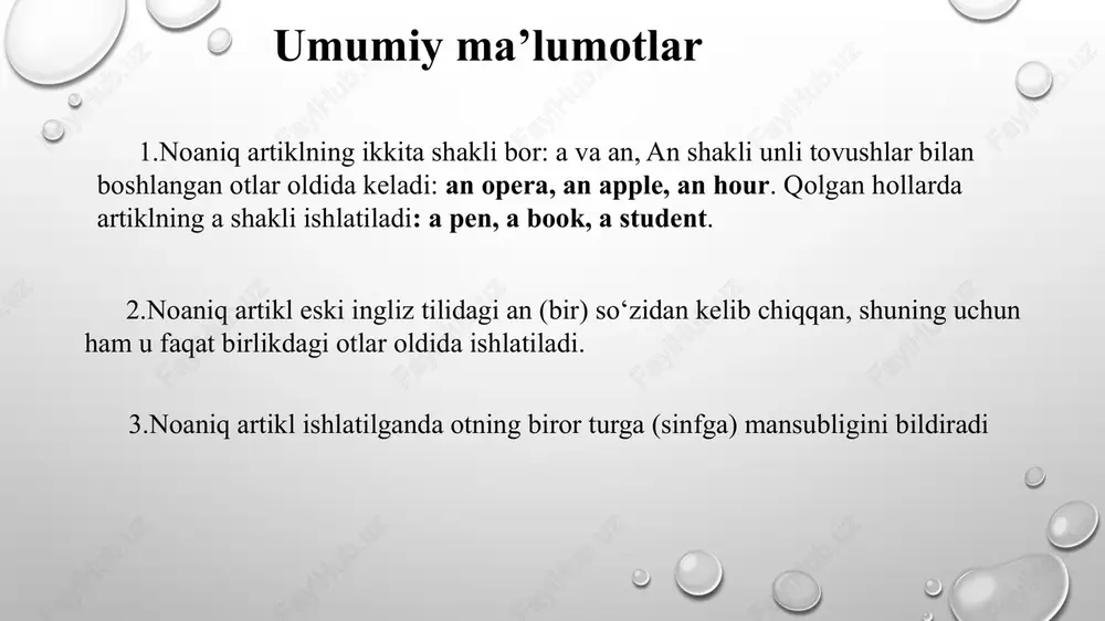 re is a man in the room. 5. ba’zi hollarda noaniq artikl bir ma’nosini to‘liq saqlab qolgan: i shall come in an hour. he did not say a word. i have bought a pound of sugar. hundred-yuz, thousand-ming, million-million, score-yigirma, so‘zlaridan oldin one yoki noaniq artikl ishlatilishi mumkin he has won a (one)thousand dol-lars. the case weighs a (one) hundred pounds 6.what dan keyin kelgan birlikdagi donalab sanaladigan ot oldida noaniq artikl ishlatiladi va bu qurilma «qanday ...!» deb tarjima qilinadi: what a clever man! what a fine building! 7. such, quite va rather ravishlaridan keyin kelgan birlikdagi donalab sanaladigan ot oldida noanoq artikl ishlatilad such quite a + sifat + ot rather she is such a clever woman! she is quite a young girl! it is rather a long story. 8. donalab sanaladigan birlikdagi otning oldida too, so bilan sifat kelganda noaniq artikl ishlatiladi: so + sifat + a …