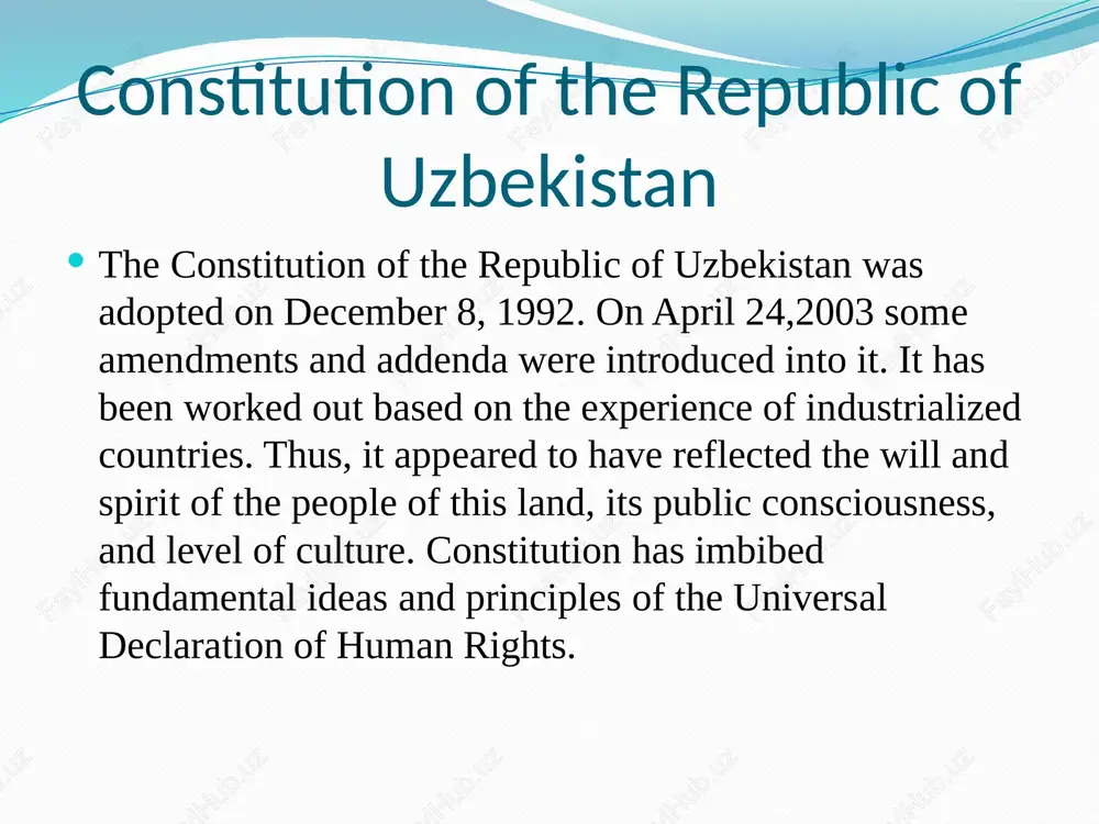 lassic freedoms listed in the main law include the freedom of faith, thought, speech, and beliefs. the mass media is free and it is duly responsible for the reliability of the information. the censorship is not allowed. political rights. the citizens of uzbekistan may participate in public and state administration both directly and through their representatives, be publicly active via rallies, meetings and demonstrations in accordance with local legislature, unite in labor unions, political parties, public groups, and file petitions, proposals, and complaints with competent state bodies. president the presidency was instituted in uzbekistan on march 24, 1990. the president is the head of the state and executive power. the president of the republic of uzbekistan is simultaneously the chairman of the cabinet of ministers of the republic of uzbekistan. the president is elected by nation-wide elections for a term of five years. a citizen of the republic of uzbekistan, …