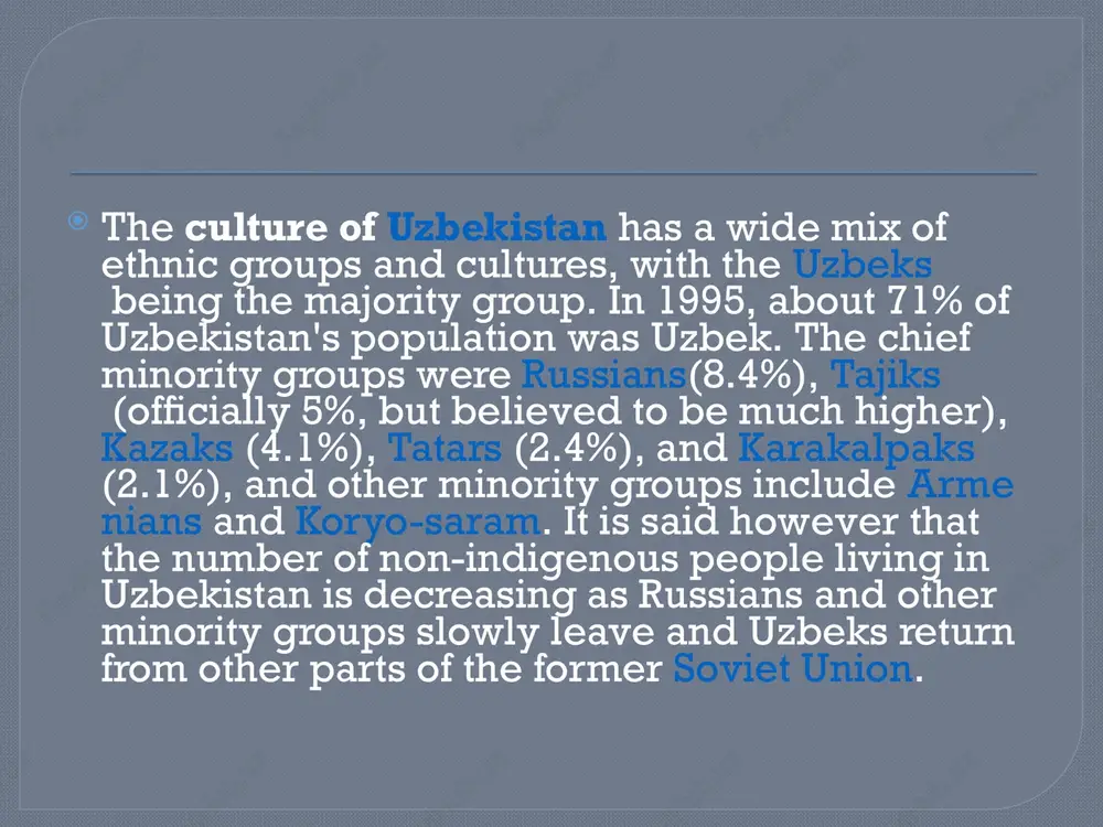 tance, and uzbek cuisine has been characterized as "noodle-rich". mutton is a popular variety of meat due to the abundance of sheep in the country and it is part of various uzbek dishes. uzbekistan's signature dish is palov (plov or osh), a main course typically made with rice, pieces of meat, and grated carrots and onions.oshi nahor, or morning plov, is served in the early morning (between 6 and 9 am) to large gatherings of guests, typically as part of an ongoing wedding celebration. other notable national dishes include: shurpa (shurva or shorva), a soup made of large pieces of fatty meat (usually mutton) and vegetables; norin and lagman, noodle-based dishes that may be served as a soup or a main course; manti, chuchvara, and somsa, stuffed pockets of dough served as an appetizer or a main course; dimlama (a meat and vegetable stew) and various kebabs, usually served as …