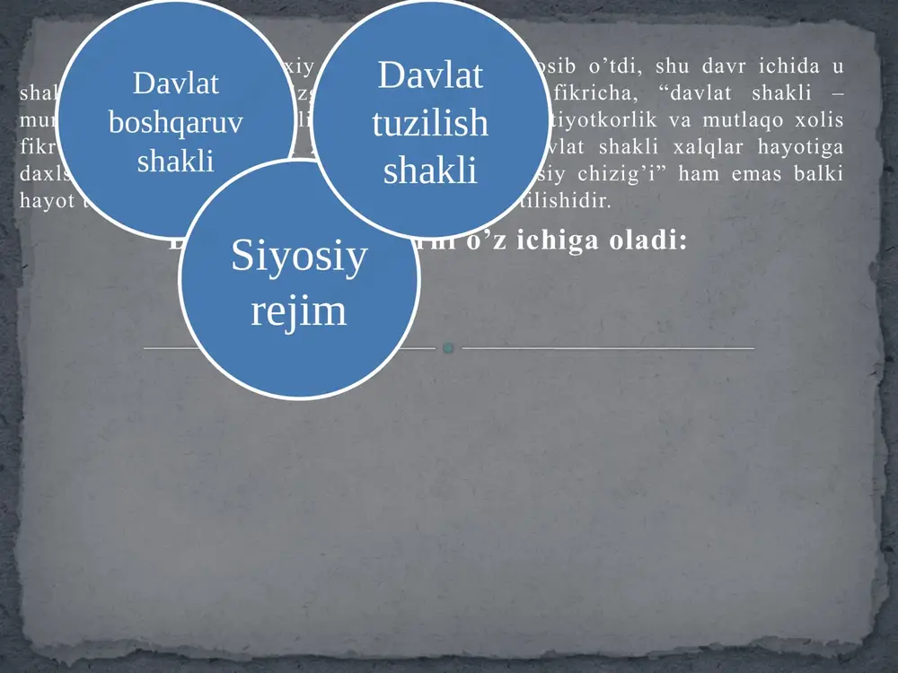yektlar miqiyosida ikki pog’onali bo’ladi; ikki fuqarolik mavjud bo’lib, u har bir fuqaroning bir vaqtda ham federativ davlat fuqarosi, ham federatsiya subyekti fuqarosi ekanligini bildiradi; federatsiyaning oliy qonun chiqaruvchi idorasi ikki palatali tuzilishga ega; markaziy hukmatga bo’ysunuvchi yagona qurolli kuchlar, politsiya, xavfsizlik xizmati, bojxona tizimi mavjud bo’ladi; federatsiyaning subyektlari – o’z konstitutsiyasiga , o’z ramzlariga ega bo’ladi konfederatsiya: bir necha davlatlarning ayrim muhim sohalar, ya’ni iqtisodiy, siyosiy, mudofaa masalalari bo’yicha tuzgan ittifoqdir. konfederatsiyada yagona davlat hududi, yagona fuqarolik bo’lmaydi. konfederatsiya bu to’la mustaqil davlatlarning ayrim sohalar bo’yicha tuzadigan ko’ngilli ittifoqidir. hozirgi vaqtda yevropaning 15ta davlatini birlashtirgan yevropa ittifoqi davlatlarining hamdo’stligi konfederatsiyasi mavjud. davlat hokimiyati va boshqaruvi idoralarining tashkil etilishi tartibi, ularning o’zaro hamda aholi bilan aloqadorligidir. davlat boshqaruv shakli insoniyatni qadimdan qiziqtirib kelgan. olimlar o’z izlanishlarida davlat shakllaridagi eng muhim jihatni ajratib olib, ularni tasvirlab berish, tahlil yetish, baholashga va iloji bo’lganda bu shakllarni rivojlantirish istiqbollarini oldindan aytib berishga urinardilar. …