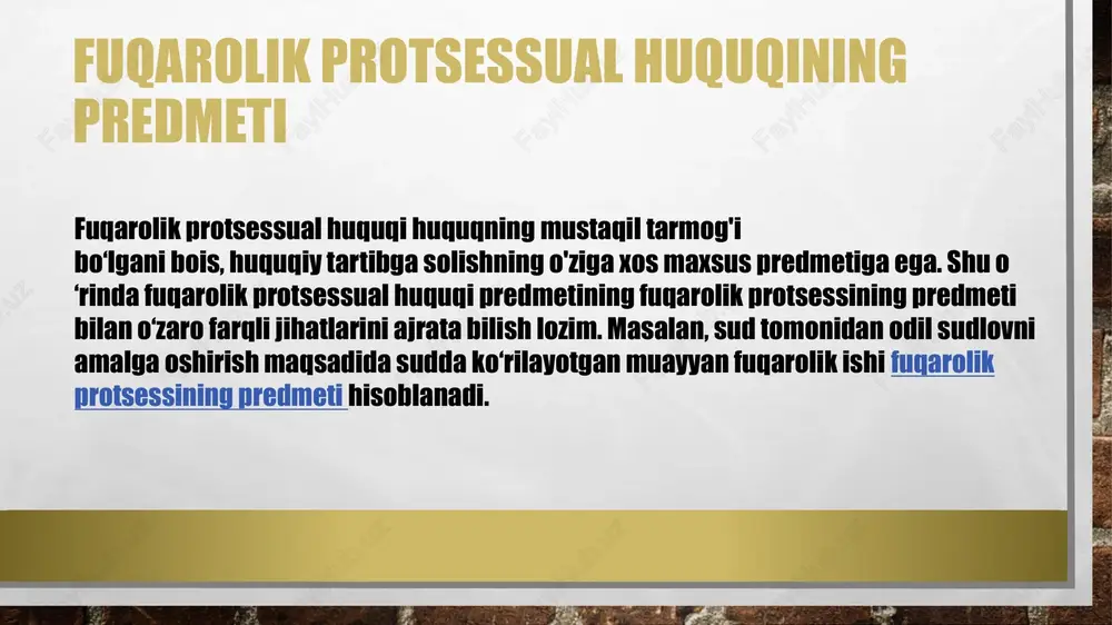 on respublikasining konstitutsiyasi hisoblanadi (11, 106, 107, 108, 110, 112, 113, 114, 115, 116-moddalari). konstitutsiya fuqarolik protsessual qonunchilikning rivojlanishidagi muhim huquqiy bazadir. 0 ‘zbekiston respublikasining konstitutsiyasi mamlakatimizning haqiqiy mustaqil davlat maqomiga ega ekanligiga qonuniy asos soldi, uning tegishli normalarida jamiyat tuzilishida va davlat qurilishida, fuqarolaming huquq va erkinliklarga erishishida sodir bo‘lgan tub o ‘zgarishlar o‘z aksini topdi va mustahkamlandi. fuqarolik protsessual huquqining navbatdagi muhim manbai 1997-yil 30-avgust kuni qabul qilingan va 1998-yil 1-yanvardan e'tiboran, amalga kiritilgan o‘zbekiston respublikasining fuqarolik protsessual kodeksi hisoblanadi. mazkur kodeksda sudda fuqarolik ishlarini ko‘rish va hal etish tartibini batafsil ifoda etuvchi fuqarolik protsessual huquqining normalari mustahkamlangan. unda sud ishlarini yuritishning asosiy prinsiplari mustahkamlab qo‘yilgan, sud qarorlari ustidan shikoyat va protest keltirish institutlari o‘z ifodasini topgan, shuningdek, odatdagi sud ishlarini yuritishdan o‘zgacha bo‘lgan, sud ishlarini ixchamlashtirilgan tartibda ko‘rish va hal etish, ya'ni sirtdan hal qiluv qarori chiqarish, buyruq tartibida ish yuritish instituti o‘rin olgan. fuqarolik protsessual huquqining …