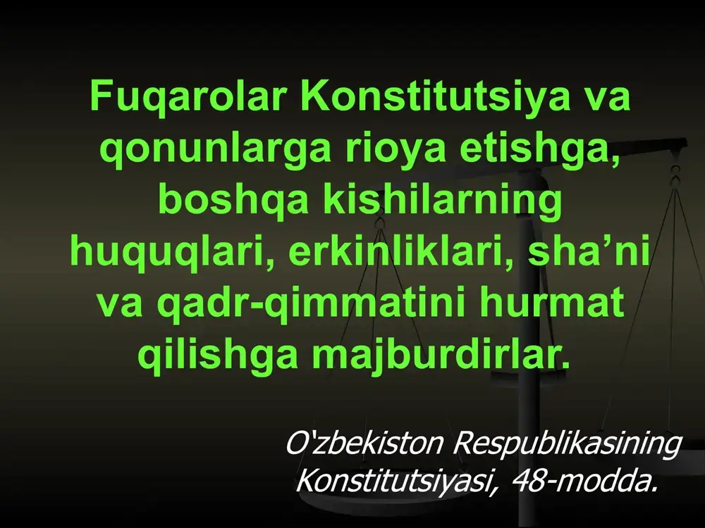 ’naviy merosga munosabat, umumbashariy demokratik tamoyillarning uyg‘unligini ta’minlash kabi jihatlar davlatchilik qurilishining qanday asosda amalga oshirilishi bilan bevosita bog‘liqdir. huquqiy madaniyat – qonun ustuvorligi asosi fuqarolarning o‘z huquq va qonuniy manfaatlarini bilishi, burchlariga qat’iy rioya etishi jamiyatda qonun ustuvorligiga erishish va huquqiy madaniyatning yuksalishida muhim ahamiyatga ega. shu bois aholining huquqiy madaniyatini oshirish davlatimiz siyosatining muhim yo‘nalishlaridan biri sifatida belgilangan. prezidentimiz islom karimov tomonidan taqdim etilgan mamlakatimizda demokratik islohotlarni yanada chuqurlashtirish va fuqarolik jamiyatini rivojlantirish konsepsiyasida ham bu masalaga alohida e’tibor qaratilib, yurtimizda huquqiy davlat asoslarini tobora takomillashtirish va aholining huquqiy ongi va madaniyatini yuksaltirish hal qiluvchi vazifa bo‘lib qolishi ta’kidlangan. zero, jamiyatning demokratiya yo‘lidan jadal rivojlanishi va bu boradagi islohotlarning samarasi ko‘p jihatdan odamlarning huquqiy ongi va madaniyati darajasiga bog‘liq. mamlakatimizda demokratik huquqiy davlat va fuqarolik jamiyati barpo etish yo‘lidagi izchil islohotlar jarayonida aholining huquqiy madaniyati va ongini oshirishga alohida e’tibor qaratilayapti. bunda mamlakatimizda umuminsoniy qadriyatlarni o‘zida mujassam etgan …