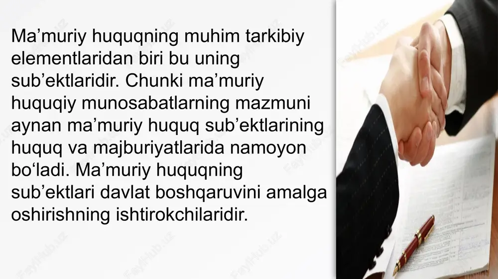 nga ma’muriy huquqning sub’ekti ega bo‘lishi lozim bo‘lgan ikkinchi element – ma’muriy muomala layoqati ham kerak bo‘ladi. ma’muriy huquq sub’ektining muomala layoqati bu shaxsning huquq layoqati orqali ega bo‘lgan davlat boshqaruviga oid huquq va majburiyatlarni mustaqil amalga oshira olish qobiliyati, layoqatidir. ma’muriy muomala layoqati shaxsning yoshiga qarab turli yillarda vujudga kelishi mumkin. masalan, u 6-7 yoshga kirganida o‘rta ta’lim maktabiga qatnab bilim olish huquqi (ayni paytda bu majburiyat ham)ni amalga oshiradi, 18 yoshga to‘lganida esa avtomobilni qonuniy boshqarish layoqatiga ega bo‘ladi va h.k. mazkur ikkita holatning bir-biridan farqi shundaki, birinchi misolimizda shaxsda muomala layoqati qisman, ikkinchisida esa to‘liq vujudga kelmoqda. muomala layoqati shaxs 18 yoshga yetganida to‘liq vujudga keladi. e’tiboringiz uchun raxmat image3.jpeg image4.jpeg image5.jpeg image6.jpeg image7.jpeg image8.jpeg image9.jpeg image10.jpeg image2.jpeg /docprops/thumbnail.jpeg