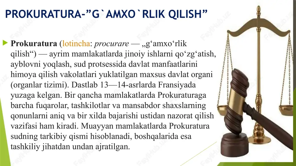 shuningdek ularning joylardagi bo‘linmalari faoliyat ko‘rsatadi. o‘zbekiston respublikasi prokuratura organlarining asosiy vazifalari o‘zbekiston respublikasi prokuratura organlarining asosiy vazifalari qonun ustuvorligini ta’minlash, qonuniylikni mustahkamlash, fuqarolarning huquq hamda erkinliklarini, jamiyat va davlatning qonun bilan qo‘riqlanadigan manfaatlarini, o‘zbekiston respublikasi konstitutsiyaviy tuzumini himoya qilish, huquqbuzarliklarning oldini olish va profilaktika qilishdan iborat. prokuratura organlari faoliyatining asosiy yo‘nalishlari: prokuratura organlari o‘z faoliyatini quyidagi asosiy yo‘nalishlar bo‘yicha amalga oshiradi: vazirliklar, davlat qo‘mitalari, idoralar, fuqarolarning o‘zini o‘zi boshqarish organlari, jamoat birlashmalari, korxonalar, muassasalar, tashkilotlar, hokimlar va boshqa mansabdor shaxslar tomonidan qonunlarning ijro etilishi ustidan nazorat qilish; fuqaroning huquq hamda erkinliklarini ta’minlashga qaratilgan qonunlar ijrosi ustidan nazorat qilish; o‘zbekiston respublikasi qurolli kuchlarida, vazirliklar, davlat qo‘mitalari va idoralarining harbiy tuzilmalarida qonunlarga rioya etilishi ustidan nazorat qilish; tezkor-qidiruv faoliyatni, tergovga qadar tekshiruvni, surishtiruvni, dastlabki tergovni amalga oshiradigan organlar tomonidan qonunlarning ijro etilishi ustidan nazorat qilish hamda ularning jinoyatchilikka qarshi kurash borasidagi faoliyatini muvofiqlashtirish. o‘zbekiston respublikasi bosh prokuraturasiga o‘zbekiston respublikasi prezidenti tomonidan …