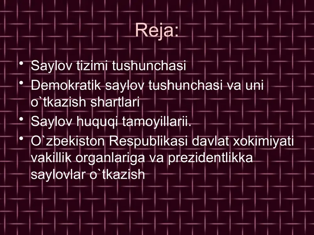 y majlisiga saylov to`grisida»gi qonun (1993 y. 28 dekabr), «xalk deputatlari viloyat, tuman, shaxar kengashiga saylov to`grisida»gi qonun (1994 y. 5 may), «fuqarolarning o`zini-o`zi boshqarish organlari to`grisida»gi qonun (1999 y. 14 aprel), «fuqarolar saylov huquqlarining kafolatlari to`grisida»gi qonun (1994 y. 5 may), o`zbekiston respublikasi markaziy saylov komissiyasi to`grisida»gi qonun (1998 y. 30 aprel). konstitutsiyaning 23-bobi «saylov tizimi» deb nomlangan bo`lib, tula-tukis mazkur tizimni huquqiy jixatdan ta’minlashga bag`ishlangan. demokratik saylov tizimi mustakil o`zbekiston respublikasida xalk xokimiyatchiligini, fuqarolarning davlatni boshkarishda ishtirok etish huquqlarini (konstitutsiyaning 32-moddasi) amalga oshirishning eng muxim mexanizmlaridan biridir. saylov huquqining tengligi prinsipi xar bir saylovchi faqatgina bitta ovozga ega bo`lib, saylovda teng asoslarda qatnashish mumkinligida o`z ifodasini topgan. bu boradagi tenglik saylov okruglarining (250 ta) saylovchilar sonining barobar bo`lish qoidasi asosida tuzish bilan ham ta’minlanadi. bir saylov okrugidagi saylovchilar ovozi boshqa okrugdagi saylovchilarning ovoziga amalda teng bo`lishiga shu zaylda erishiladi. saylovlar yashirin ovoz berish yo‘li bilan amalga oshiriladi. asosiy …