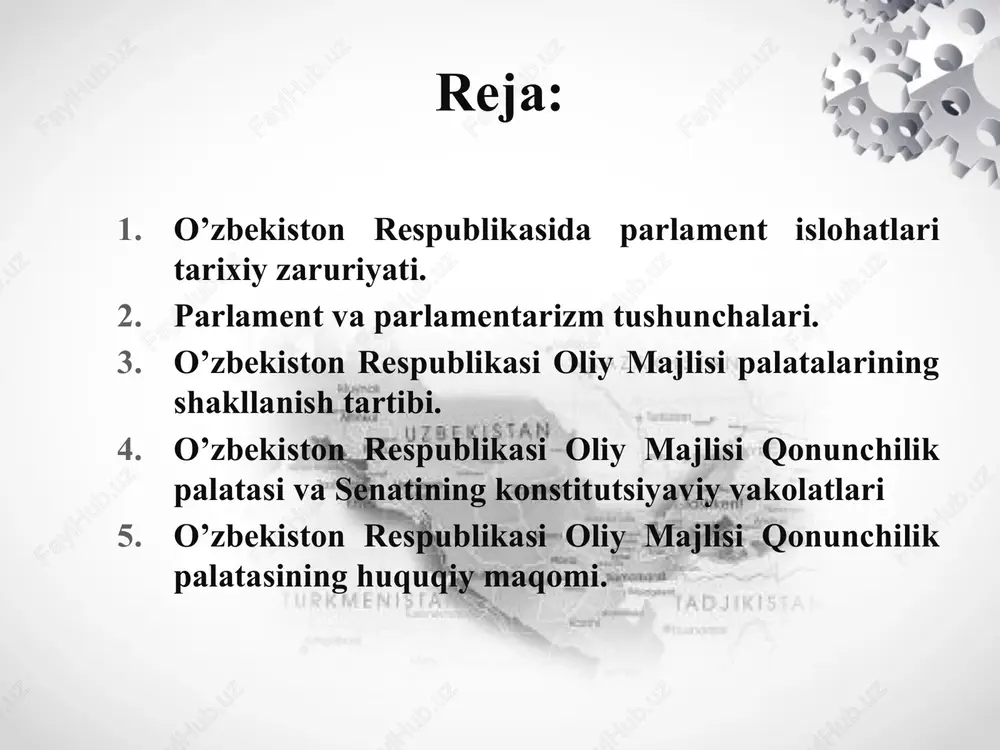 riq o’zbekiston respublikasi oliy majlisining birinchi sessiyasi o’tdi . sessiyada o’zbekiston respublikasi oliy majlisining raisi va to’rt kishidan iborat rais o’rinbosari saylandi. e.h.xalilov oliy majlis raisi, b.i.bugrov , b.a.shodiyeva , a.q.qosimov, qoraqalpog’iston respublikasi vakili- qoraqalpog’iston juqori kengesi raisi u.ashirbekov rais o’rinbosarlari qilib saylandilar , sessiyada mandat komissiyasi tuzildi. birinchi chaqiriq o’zbekiston respublikasi oliy majlisning birinchi sessiyasi mustaqillik yillarida oliy majlisning xalqaro parlamentlar bilan aloqalar o’rnatildi va chuqurlashdi. o’zbekiston milliy parlament guruhi tuzildi. respublikaning parlamentlar aro ittifoq yevropa xavfsizlik va hamkorlik tashkilotining parlament assambleyasi va yevro parlament bilan aloqalar yo’lga qo’yildi. oliy majlis “ o’zbekiston respublikasi oliy majlisining 1996-1999-yillarga mo’ljallagan faoliyat dasturi”ni ishlab chiqdi va respublika parlament huzuridagi amaldagi qonun hujjatlariga monitoring instituti tashkil etildi. oliy majlis qonun loyihalari tayyorlash ishlarini olib borish, oliy majlisga taqdim etiladigan masalalarni dastlabki tarzda ko’rib chiqish va tayyorlash uchun deputatlar orasidan qo’mitalar va komissiyalar saylaydi. oliy majlis qonun loyihalari tayyorlash parlamentning navbatdagi sessiyaga tayyorgarlik ko’rish …