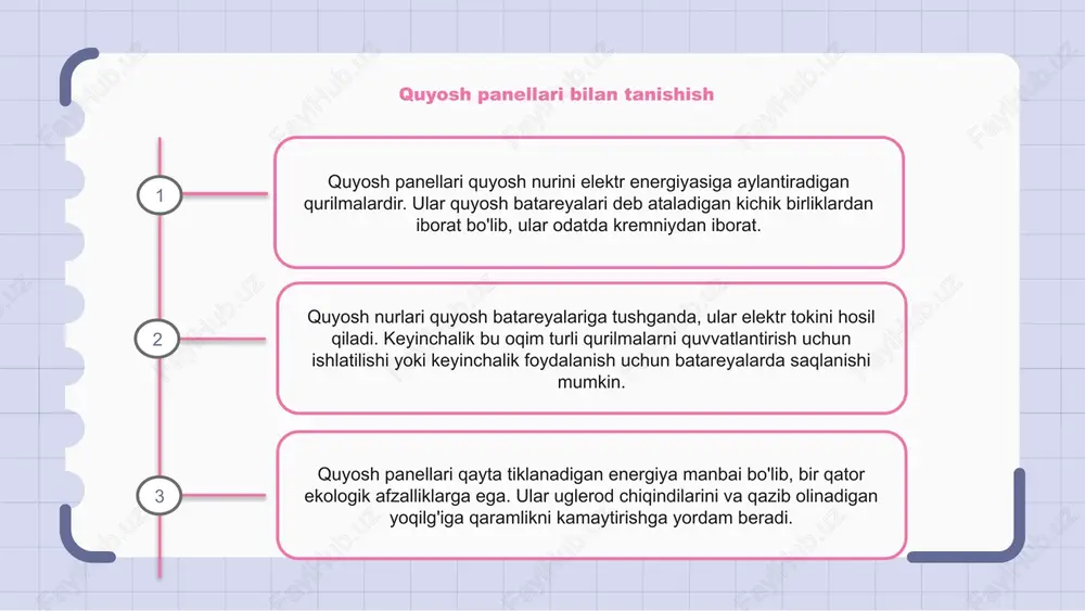 yupqa plyonkali panellarni o'z ichiga olgan har xil turdagi bo'ladi. har bir turning o'ziga xos afzalliklari va kamchiliklari bor. monokristalli panellar yuqori samaradorligi va zamonaviy ko'rinishi bilan mashhur. ular bitta kristalli strukturadan tayyorlangan bo'lib, ular quyosh nurini elektr energiyasiga yanada samarali aylantirish imkonini beradi. polikristal panellar esa bir nechta kristall tuzilmalardan iborat. ular monokristalli panellarga qaraganda arzonroq, ammo samaradorligi biroz pastroq. quyosh panellarini o'rnatish va texnik xizmat ko'rsatish quyosh panellari quyosh nurini elektr energiyasiga aylantiradigan qurilmalardir. ular maksimal quyosh nurini olishlari mumkin bo'lgan uyingizda yoki ochiq joylarda o'rnatiladi. quyosh panellarini o'rnatish ularni optimal burchak ostida joylashtirish va ularni binoning elektr tizimiga ulashni o'z ichiga oladi. quyosh panellariga texnik xizmat ko'rsatish axloqsizlik va qoldiqlarni olib tashlash uchun panellarni muntazam tozalashni, har qanday shikastlanish yoki nosozlikni tekshirishni va elektr aloqalarining to'g'ri ishlashini ta'minlashni o'z ichiga oladi. quyosh panellarining kelajagi quyosh panellari tezda qayta tiklanadigan energiya uchun quyosh energiyasidan foydalanishning eng mashhur usuliga …