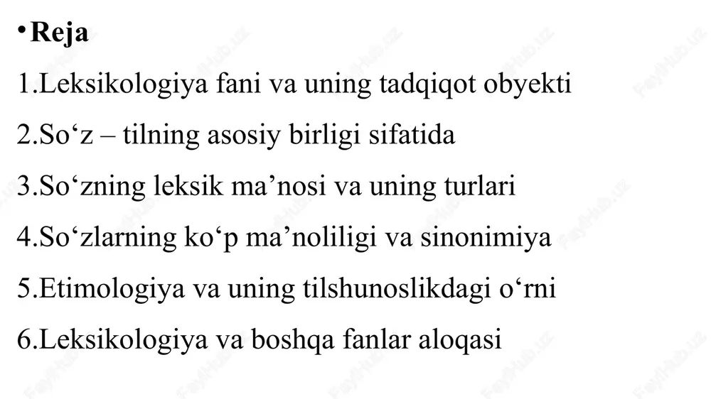 ni o ‘rganadigan fan b o ‘lib, antroponimika (odam larning ismini ilmiy jih atd an o ‘rganadi), toponimika (geografik nomlami o‘rganadi), etnonimika (millatlaming nomlarini o‘rganadi)dan tarkib topgan. asosiy birligi bo‘lmish so‘z, gap bo‘lib kelishi ham mumkin. 0‘zbek tilidagi nominativ va boshqa gaplar bunga misol bo‘la oladi. bu turdagi gaplar voqea va hodisalarning mavjudligini tasdiqlab, gapga xos hamma xususiyatlarni o‘zida mujassamlashtirgan bo‘ladi. soʻzning leksik maʼnosi – soʻzning material qismi – leksema bildiradigan maʼno; muayyan tovushlar majmuini maʼlum obyektiv voqelikka bogʻlash bilan kishi ongida yuzaga keladigan mazmunmundarija; lugʻaviy maʼno. mas, „bolalarni oʻynatdik“ gapidagi birinchi soʻz hali yosh, voyaga yetmagan odamni, goʻdakni, ikkinchi soʻz esa harakatni (bola bilan bogʻlangan harakatni) biddiradi. demak, „bola“ va „oʻyna“ soʻzlaridan ifodalanadigan mazkur konkret maʼnolar shu soʻzlarning leksik maʼnolaridir. soʻzning leksik maʼnosi muayyan soʻzning aniq mazmunini (narsa, belgi, harakat tushunchalarini ifodalash, emotsiyalarni bildirish) tashkil etadi. soʻzning leksik maʼnosi oʻzaknegizning oʻzi bilan ifodalanadi; yasovchi affikslar ham soʻzdagi material qismning …