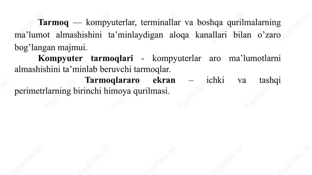 talarini qo’llaganda, videokonferentsiyalar o’tkazish imkoniyati tug’iladi. bunday holatlarda kompyuterlar yuksak unumdor va tarmoqning o’tkazish qobiliyati kuchli bo’lishi lozim. ms net meeting – dasturi orqali bevosita muloqotni amalga oshirish mumkin. lan ( local-area network) lokal tarmoq (bir ofis, bino ichidagi aloqa); can (campus-area network) - kampus tarmoq, bir-biri bilan telefon yoki modemlar bilan ulanish, ammo etarlicha bir-birlaridan uzoqda joylashgan kompyuter lokal tarmoq; man (metropolitan-area network) katta tezlik bilan aloqa uzatish (100 mbit/s) imkoniyatiga, katta radiusga (bir necha o’n km) axborot uzatuvchi kengaytirilgan tarmoq; wan (wide-area network) keng masshtabli (mintaqaviy) maxsus qurilma va dasturlar bilan ta’minlangan alohida tarmoqlarni birlashtiruvchi yirik tarmoq; gan (global-agea network) global (xalqaro, qit’alararo) tarmoq; server (server based) yoki markazlashgan boshqarishga ega tarmoqlar. bu erda tarmoqning bosh elementi serverdir. qolgan tugunlar serverning resurslaridan foydalanishi mumkin (masalan, novell netware, microsoft lan mananger va boshqalar). lokal tarmoq — bir korxona yoki muassasadagi bir nechta yaqin binolardagi komp’yuterlarni o’zaro bog’lagan tarmoq. mintaqaviy …