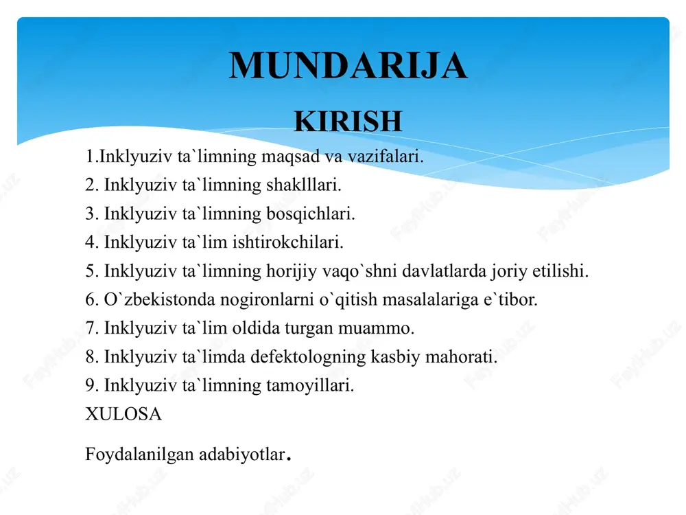 oid tadbirlarni ishlab chiqish lozim. alohida yordamga muxtoj bolalarni umumta’lim muassasalariga jalb qilishning ikki asosiy omili bor: birinchidan, alohida ehtiyojga ega bo‘lgan bolalar ham sog‘lom bolalar bilan birgalikda o‘zaro faoliyat ko‘rsatishlari mumkin. inklyuziv ta’lim maqsadga muvofiq tarzda tashkil etilsa, maxsus ehtiyojli bolalar ijtimoiy tomondan himoyalanadilar, sog‘lom bolalar esa ijtimoiy adolat va tenglikning tan olinishi buyukligini, nogiron bolalarga nisbatan yanada mehribon va e’tibor bilan munosabatda bo‘lishni his etadilar. ikkinchidan, nogiron bolalar ham sog‘lom tengdoshlari bilan yonma- yon o‘qish, tarbiyalanish huquqiga ega ekanligi kafolatlanadi. inklyuziv ta`limning shakllari 2020-2022 yillarda: inklyuziv ta’lim tizimi sohasidagi normativ baza takomillashtiriladi; tizim uchun malakali pedagog kadrlar tayyorlanadi, qayta tayyorlanadi va malakasi oshiriladi; inklyuziv ta’lim joriy etilgan muassasalarning moddiy-texnika bazasi mustahkamlanadi, ular maxsus moslamalar (ko‘tarish qurilmasi, pandus, tutqich va boshqalar), zarur adabiyotlar, metodik qo‘llanmalar, turli kasblarga o‘qitish uchun uskuna va jihozlar bilan ta’minlanadi; sohaga zamonaviy axborot-kommunikatsiya texnologiyalari va innovatsion loyihalar joriy etiladi; imkoniyati cheklangan bolalarning bilim olish huquqi, …
