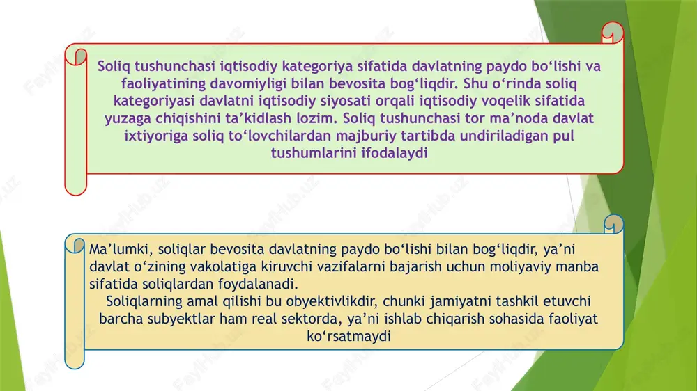 oshqalar tomonidan rad etilgan yoki faoliyati iqtisodiy samarasiz bo‘lgan sohalar ham mavjudki, bular soliqlarni obyektiv amal qilishini talab etadi. aniqroq qilib aytganda jamiyatni norentabel (mudofaa, meditsina, fan, maorif, madaniyat va boshq.) va rentabel sohaga ajralishi hamda norentabel sohani moliyalashtirishning tabiiy zarurligi soliqlarni obyektiv amal qilishini zarur qilib qo‘yadi, vaholanki, norentabel sohaning ijtimoiy xizmatlari, asosan, davlat tomonidan amalga oshiriladiki, ularni moliyalashtirish usuli sifatida yuzaga chiquvchi soliqlar ham shu tufayli bevosita davlatga tegishli bo‘ladi. yuridik shaxslardan olinadigan foyda solig’i foyda solig’i davlat byudjeti daromad qismining asosiy manbalaridan biri bo’lib hisoblanadi.ushbu soliq 1995 yil yanvar oyidan boshlab, 1992 yildan buyon harakatda bo’lgan daromad solig’i o’rniga joriy qilindi. foyda solig’i mamlakatimizda tasdiqlangan soliq kodeksining 23-moddasiga ko’ra umumdavlat soliqlari tarkibiga kiritilgan. yuridik shaxslar foyda solig’ini to’lovchi foyda solig’ini to’lovchilar bo’lib, moliya yilida soliqka tortiladigan foydaga ega bo’lgan yuridik shaxslar hisoblanadi. soliq to’lovchilar kodeksning 126-moddasida aks ettirilgan. 1)o’zbekiston respublikasining rezidentlari; 2) o’zbekiston respublikasida faoliyatni doimiy muassasa …