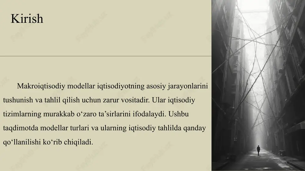 a siyosat ozgarishlarining ta’sirini oldindan baholash imkonini beradi. simulyatsiya qarorlar qabul qilish va strategiyalarni ishlab chiqishda muhim vositadir. statik makroiqtisodiy modellarning asosiy xususiyatlari 03 muvozanat tahlili va o‘zgarishlar statik modellar iqtisodiy tizimning muvozanat holatini o‘rganadi. ular orqali turli iqtisodiy o‘zgarishlar va ularning ta’sirlari baholanadi. bu tahlil iqtisodiy barqarorlikni saqlash uchun muhim ahamiyatga ega. model parametrlarini baholash statik modellar parametrlarini aniqlashda statistik va ekonometrik usullar qo‘llaniladi. to‘g‘ri baholangan parametrlar modellar samaradorligini oshiradi va iqtisodiy ko‘rsatkichlarning haqiqiyligini ta’minlaydi. cheklovlar va kamchiliklar statik modellar vaqt omilini hisobga olmaydi, bu esa ularning prognoz qobiliyatini cheklaydi. shuningdek, murakkab iqtisodiy jarayonlarni to‘liq aks ettirishda qiyinchiliklar mavjud. vaqt omillarini hisobga olish dinamik modellar iqtisodiy jarayonlarning vaqt davomida qanday o‘zgarishini hisobga oladi. bu yondashuv real iqtisodiy sharoitlarni yanada aniqroq tushunishga yordam beradi. image1.png image2.png image3.png image4.png