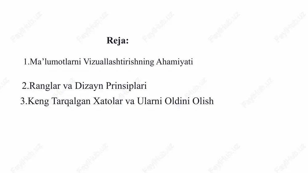 qtali grafiklar (scatter plots) juda foydali. nuqtali grafiklar: ikki miqdoriy o'zgaruvchi orasidagi bog'liqlikni yoki korrelyatsiyani ko'rsatadi. histogrammalar: bir o'zgaruvchining qiymatlarining taqsimotini ko'rsatadi. bu grafiklar anomaliyalarni (outliers) va ma'lumotlar klasterlarini aniqlashga yordam beradi. interaktiv jadvallar va fasadlar katta hajmdagi ma'lumotlar bilan ishlashda interaktiv jadvallar va fasadlar auditoriyaga ma'lumotlarni o'z xohishiga ko'ra tahlil qilish imkoniyatini beradi. fasadlar: bir nechta grafiklar va jadvallarni bitta sahifada birlashtirib, umumiy tasvirni taqdim etadi. filtrlar va sortlash: foydalanuvchilarga ma'lumotlarni kerakli parametrlarga ko'ra sozlash imkonini beradi. ranglar va dizayn prinsiplari vizuallashtirish samaradorligini oshirish uchun ranglar va dizayn prinsiplaridan to'g'ri foydalanish muhim. aniq rang palitralari mato ma'lumotlarni ajratish uchun kontrastli va o'qishga qulay ranglardan foydalaning. minimalizm keraksiz elementlarni olib tashlab, asosiy xabarga e'tiborni qarating. izchillik barcha grafiklar bo'ylab bir xil dizayn uslubini saqlang. keng tarqalgan xatolar va ularni oldini olish ma'lumotlarni vizuallashtirishda ba'zi umumiy xatolardan qochish kerak. yomon o'lchovlar grafik o'lchovlarining noto'g'ri tanlanishi ma'lumotlarni buzib ko'rsatishi mumkin. juda ko'p …