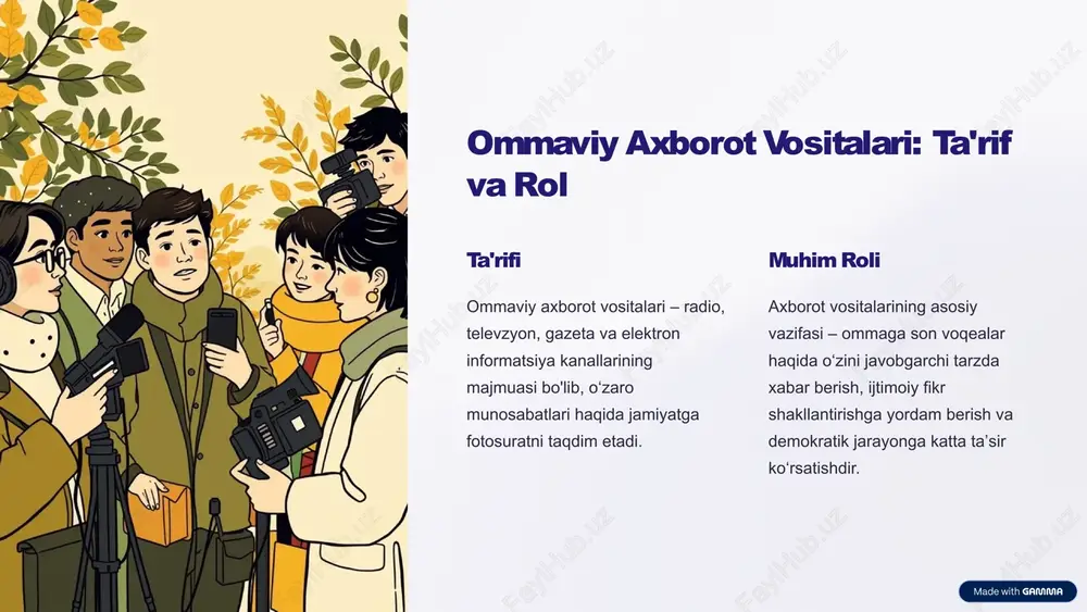 zifasini o'z ustiga olgan. 4 ommaviy axborot vositalarining mustaqilligi tahrirlash mustaqilligi jurnalistik etika va kontentni mustaqil tanlash iqtisodiy mustaqillik moliyaviy barqarorlik va reklama diversifikatsiyasi siyosiy mustaqillik axborot erkinligi va hukumat bosimidan mustaqillik ommaviy axborot vositalarining mustaqilligi o'zbekiston respublikasining konstitutsiyasi bilan kafolatlangan. jurnalistlarning ijod erkinligi va tahrirlash mustaqilligi – axborot sektori faoliyatining asosiy prinsiplaridir. 5 axborot turlarining taqsimoti siyosiy-ijtimoiy voqealar iqtisodiy rivojlanish madaniyat va ta'lim sport va farzandi olamlar boshqa mavzular o'zbekiston ommaviy axborot vositalarida siyosiy-ijtimoiy voqealar eng ko'p o'rinda turib, rivojlanish haqida axborotlarni kuzatib turadi. madaniyat, ta'lim va iqtisodyot sohasida bo'lgan o'zgarishlari ham muhim o'rinda ushlanadi. 6 raqamli transformatsiya va zamonaviy texnologiyalar boshlang'ich bosqich teleradio-kompaniyalarning raqamli platformalariga ko'chirilishi va zamonaviy laboratoriyalarning tashkili. rivojlanish bosqichi internet-etirik tarmog'lar, mobil ilova va ijtimoiy tarmoqlarning faollashtirilishi. integratsiya bosqichi raqamli va an'anaviy media platformalarining yaxlit tizimida uyg'unlashtirilishi va amalgami. 7 ommaviy axborot vositalarining ijtimoiy mas'uliyyati axborotning aniqligini kafolatini xat matnlar tekshirilib, manbasini aniqlanib, ommaga faqat …
