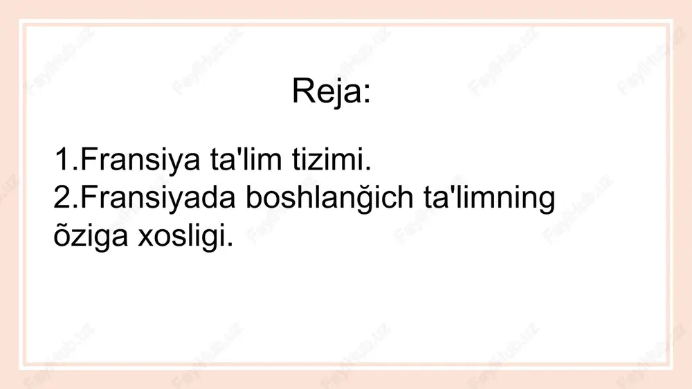 ement secondaire) va oliy taʼlim (enseignement supérieur) kabi uch bosqichga boʻlingan. enter title enter title enter title enter title enter title enter title click here to add content of the text，and briefly explain your point of view click here to add content of the text，and briefly explain your point of view click here to add content of the text，and briefly explain your point of view fransiyada bolaning maktabga kirishining asosiy yoshi 2 yoshdir. ikki yoshli bolalar boshlangʻich maktabni boshlamaydilar, ular maktabgacha taʼlimni boshlaydilar. keyin, olti yoshga kelib, fransiyadagi bola boshlangʻich maktabni boshlaydi. enter title click here to add content of the text，and briefly explain your point of view enter title click here to add content of the text，and briefly explain your point of view click here to add content of the text，and briefly explain your point of view fransiyada boshlang'ich maktablarga olti yoshdan o'n bir yoshgacha bo'lgan bolalar jalb qilinadilar. …