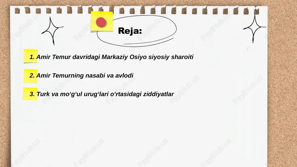 ni kengaytirgan. 745 yilda mo‘g‘ulistonda yana kuchaygan mo‘g‘ul urug‘lari turklar bilan to‘qnashdi. 840 yilda esa uyg‘ur qabilalari mo‘g‘ullarga qarshi kurash olib bordi. turklar va mo‘g‘ullar uzoq davrlar davomida markaziy osiyoda hukmronlik uchun kurashgan va bu jarayon ko‘pincha kuchli ziddiyatlar va janglarga olib kelgan. geografik omillar va resurslar ularga bo‘lgan ehtiyojni yanada keskinlashtirgan. ... t.me/slaydai_bot 4. amir temurning yoshligi va ta'limi amir temur, 1336-yilda kesh, hozirgi shahrisabz yaqinida, barlos qabilasiga mansub oilada tug‘ilgan. otasi muhammad tarag‘ay barloslar boshlig‘i bo‘lgan. yoshligida temur harbiy san'at va boshqaruv ilmini o‘rgangan. u ot minish, kamondan o‘q uzish, qilichbozlikda mohir edi. 14–15 yoshlarida kichik harbiy guruhlarga boshchilik qila boshlagan. temur yoshligida o‘qimishli, arab va fors tillarini bilgan. ulamolar bilan muloqotda bo‘lib, ilm-fan va san'atga qiziqib ulg‘aygan. ta'limlarida donishmandlar va mutafakkirlardan foydalangan. bu bilimlar keyinchalik uning muvaffaqiyatli sarkarda va davlat arbobi bo‘lishiga asos bo‘lgan. ... t.me/slaydai_bot amir temur xiv asrda yashagan buyuk sarkarda bo‘lib, u 1370-yillarda movarounnahrda …